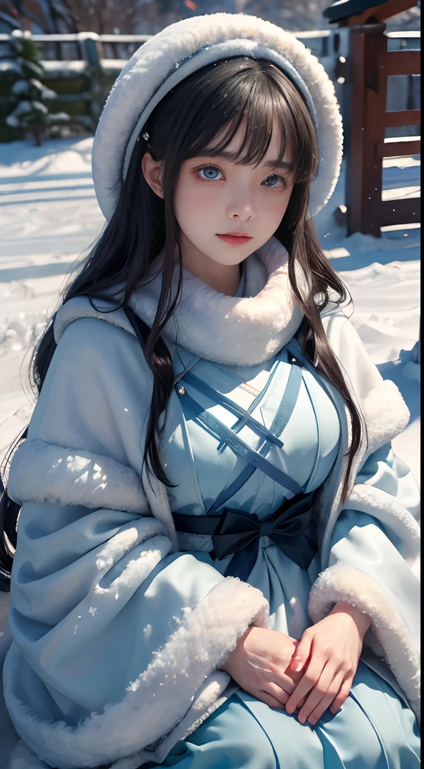 ((Works of masters))，(超高分辨率)，1 girl,Glowing eyes，Tears of sadness， Sitting, (ta costume)，Cloak (Heavy snow, Cover with snow，Outdoor activities in winter:1.2),snowfield，Blue eyes，Illustrations of the highest quality，A meticulous face