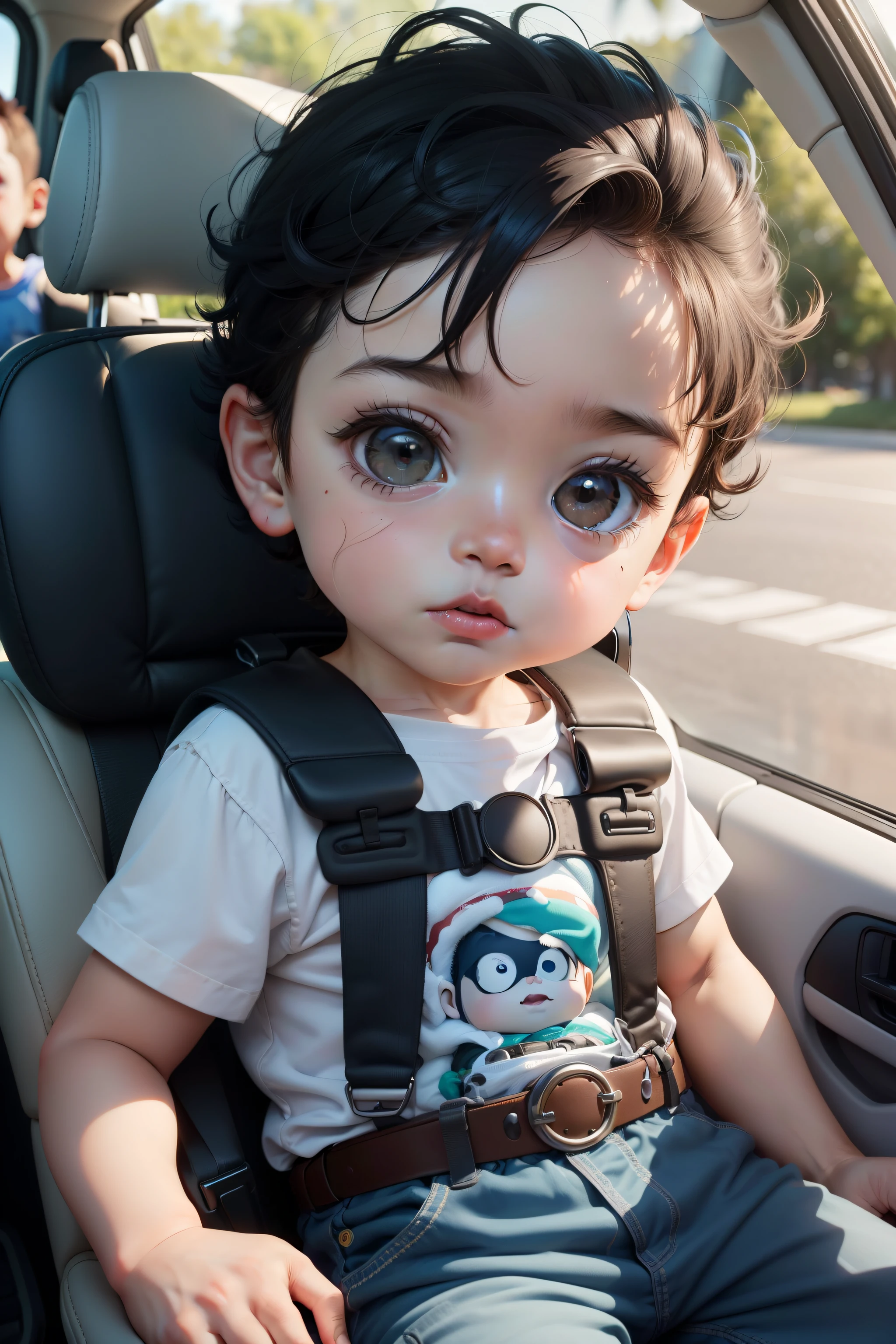 boy, bonito, olhos azuis, cabelos pretos, (Toy Story), detalhado, Estilo CBZBB, Trend in Arstation, Arte Digital, Cute and cute baby, olhos azuis, cabelos castanhos, He's strapped into the car seat inside the car, the background is the car, the baby is boy, f tem cabelos pretos