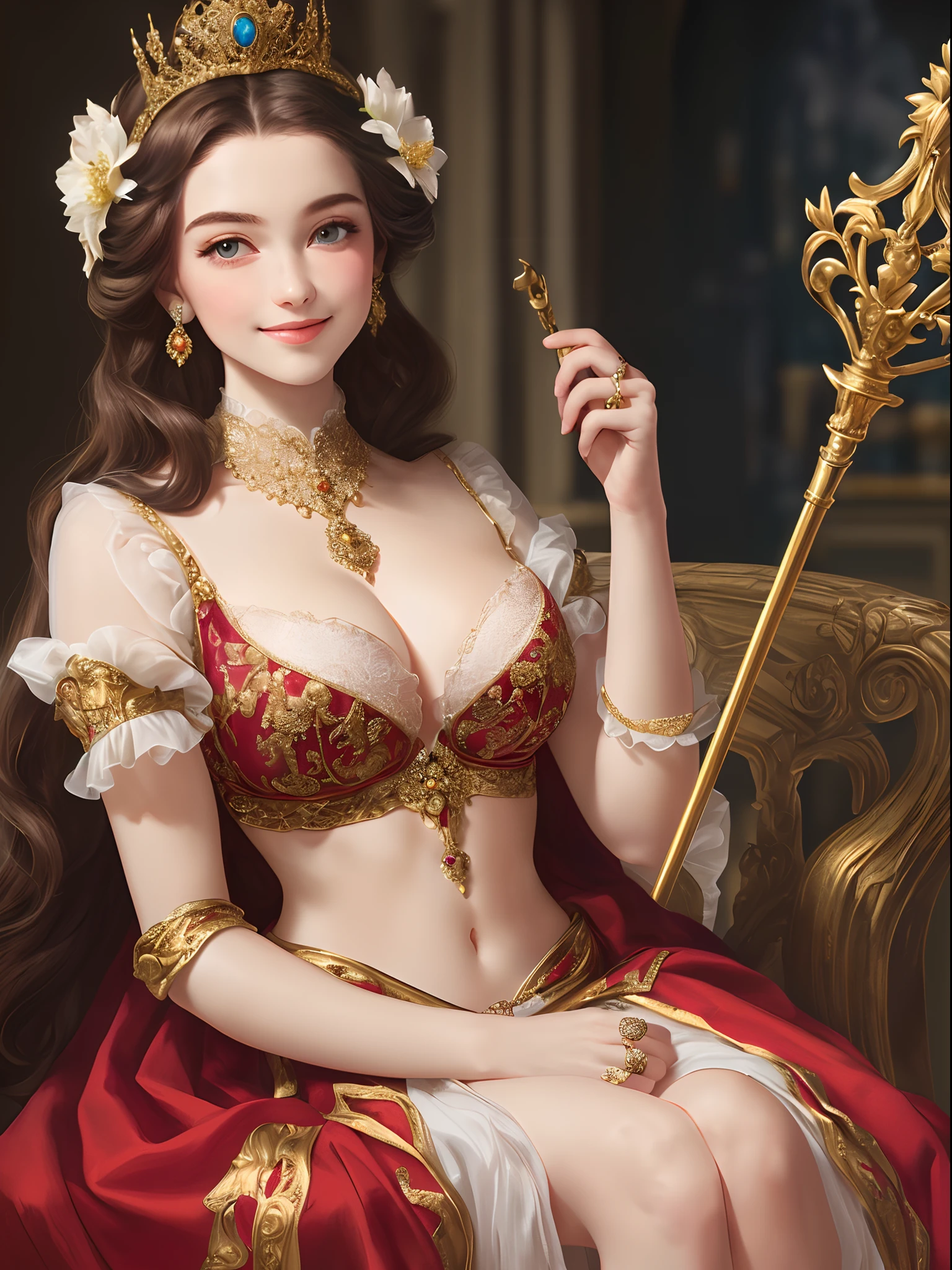 European seventeenth century style，A princess，adorned in majestic attire，flower ring，sceptre，17-year-old girl，ssmile，celebration costume，Merlin's blessing，Crop topping，cleavage，The bra is large，Desire face