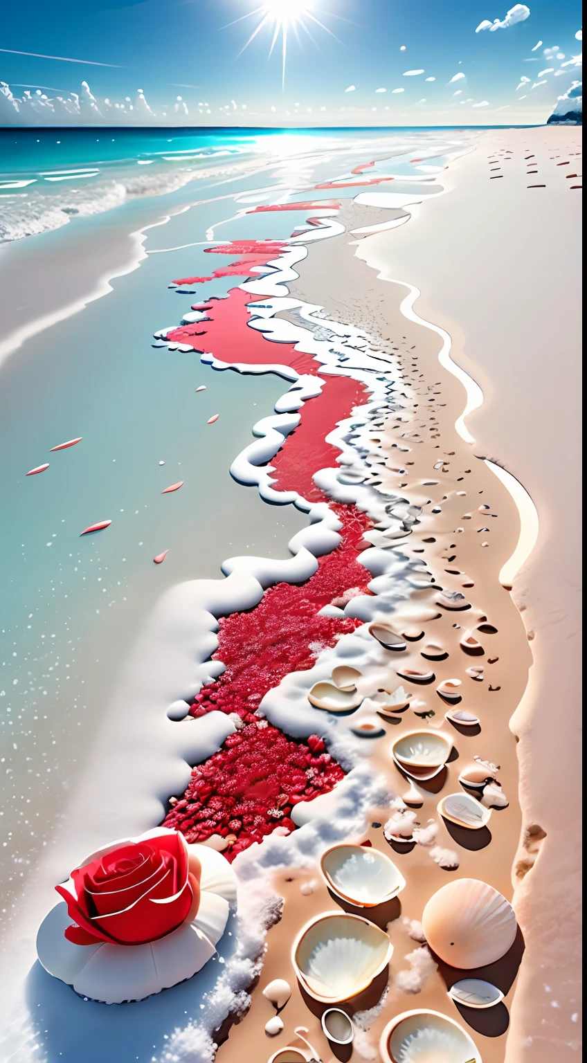 delicate scene,depth of field, 8K, The ivory sky,white clouds,and sunlight shine on the snow-white beach. The coral sea,and many colorful tinny shells on the beach,red roses, roses focus,