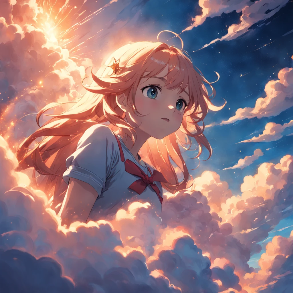 masterpiece, best quality, movie still, 1girl, cloud girl, floating in the sky, close-up, bright, happy, warm soft lighting, sunset, (sparks:0.7)