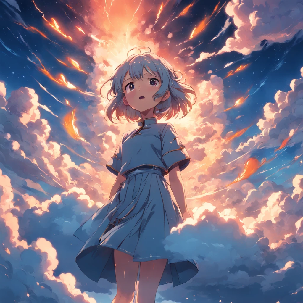 masterpiece, best quality, movie still, 1girl, cloud girl, floating in the sky, close-up, bright, happy, warm soft lighting, sunset, (sparks:0.7)
