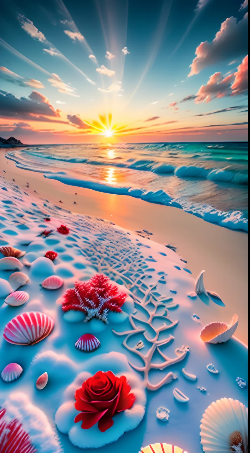 delicate scene,depth of field, 8K, The ivory sky,white clouds,and sunlight shine on the snow-white beach. The coral sea,and many colorful tinny shells on the beach,red roses, roses focus,