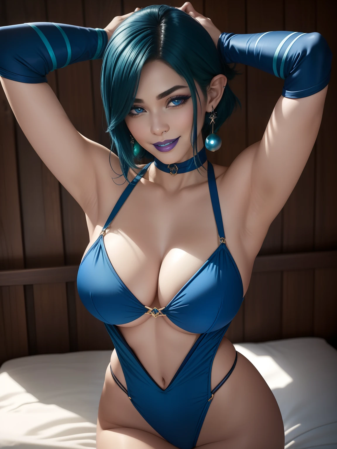 Blue indigo slingshot swimsuit、Dark green hair、shorth hair、brow、Blue Lipstick、elvish、Big breasts、huge smile、Blue collar、Blue Pearl Earrings、Pose Seductive、Blue fingerless gloves、Raise your arms、look up to、a bed