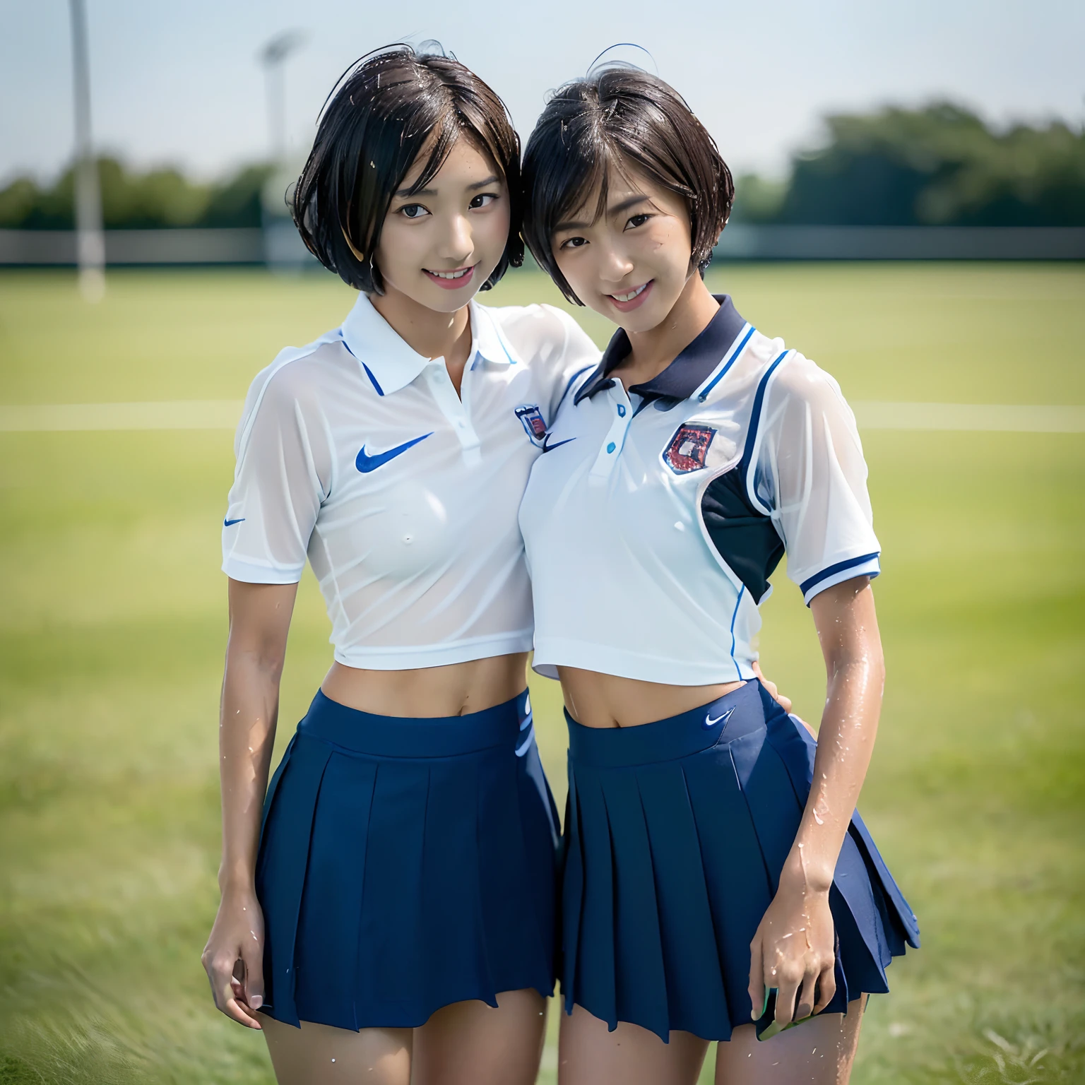 (2girls:1.5), (a detailed full-body RAW photo of a girl), (masutepiece:1.0), (Best Quality:1.4), (超A high resolution:1.2), (Photorealistic:1.4), 8K resolution, Canon EOS R5, 50 millimeters, absurderes, ultra-detailliert, (25year old), Sharp Focus, Cinematic lighting, Detailed beautiful face, (no-makeup:1.2), (ulzzang -6500-v1.1), petite figure, Detailed skin texture, Suntan skin, flat chest, (skinny and fit body:1.6), Thigh gap, Detailed brown hair, sweltering,(Very short hair:1.5), realistic glistening skin, (Sweating:1.45), Heavy breathing, a sultry, (small tits, Cameltoe), (Japan National Team Players, flat chest:1.5), well-developed abdomen, Wet body, (small tits:1.5), (Japan schoolgirl:1.5), (dark tanned skin:1.5), (Blue nike competition lacrosse uniform:1.5), (wet polo-shirts:1.5), (through skin colours from polo-shirts:1.5), (Photo of beautiful 20 year old Japan girl at school), Full body, (school girl:1.5), (erect nipples:1.1), full body, (smile:1.5), (hug each other tightly:1.3), (full body:1.5), (just before kissing:1.5), (don't touch lips each other:1.5), (wet body:1.5), (wet skin:1.3), highschool lacrosse team, (mini skirts:1.5), (upskirts), (sun tan and tan line:1.5), (backlight:1.0), (japanese girls:1.5), best friends, (mogic hour:1.5), (sweat and wet body, see-through skin colours:1.5), (one girl wearing japanese school uniform:1.5)