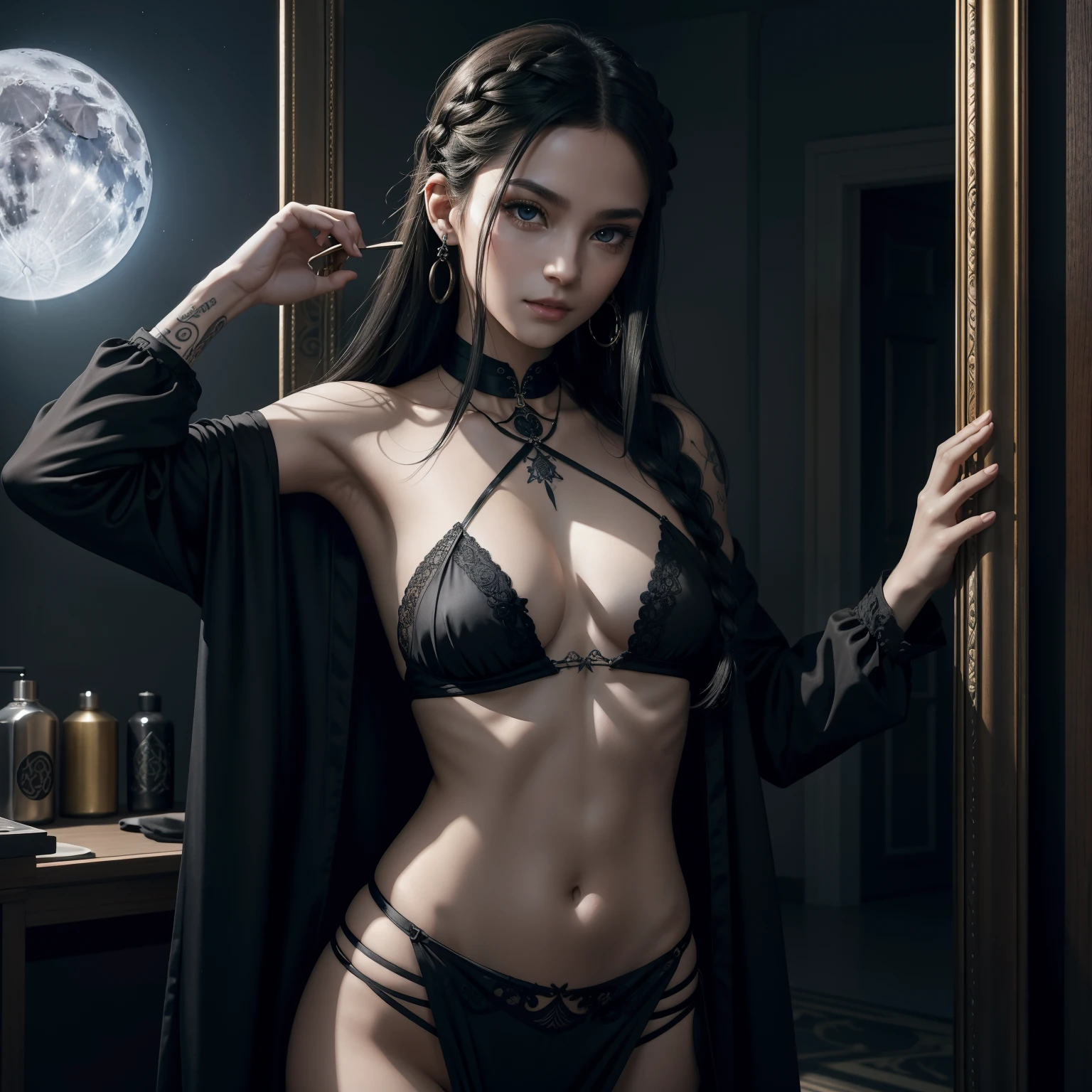 Young vampire girl, takes off his outerwear in front of the mirror, takes off clothes with his hands, dynamicpose, Undress, take off your clothes, nice belly, Bare torso from below, Enigmatic smile, The eyes glow yellow in the dark, Detailed drawing of the eyes, The face is bluish, a person of Polish nationality, Rune tattoos on the neck, Tattoo on the neck in the style of runes, black tattoo, Metal earrings, Graceful hands, Black silk sportswear, Sheer clothing, The finest fabric, elegant clothing, An elastic open chest is visible from under the clothes, beautiful breasts, small neat , The body is bluish, Gentle pallor, Long hair to the ground, loose hairstyle, Braided flowers in the hair, A small wreath of dark flowers, Dark hair, Sexy, model figure, inscrutability , Full Moon Background, Night Castle, The blue light of the moon, Dressing room in the castle, fantasy style, The best art, 真实感, delicate skin, Mysticism, detailing, good drawing of details, Harmonization of the assortment, Living light, Uniform style, The best art, Render, Good detail