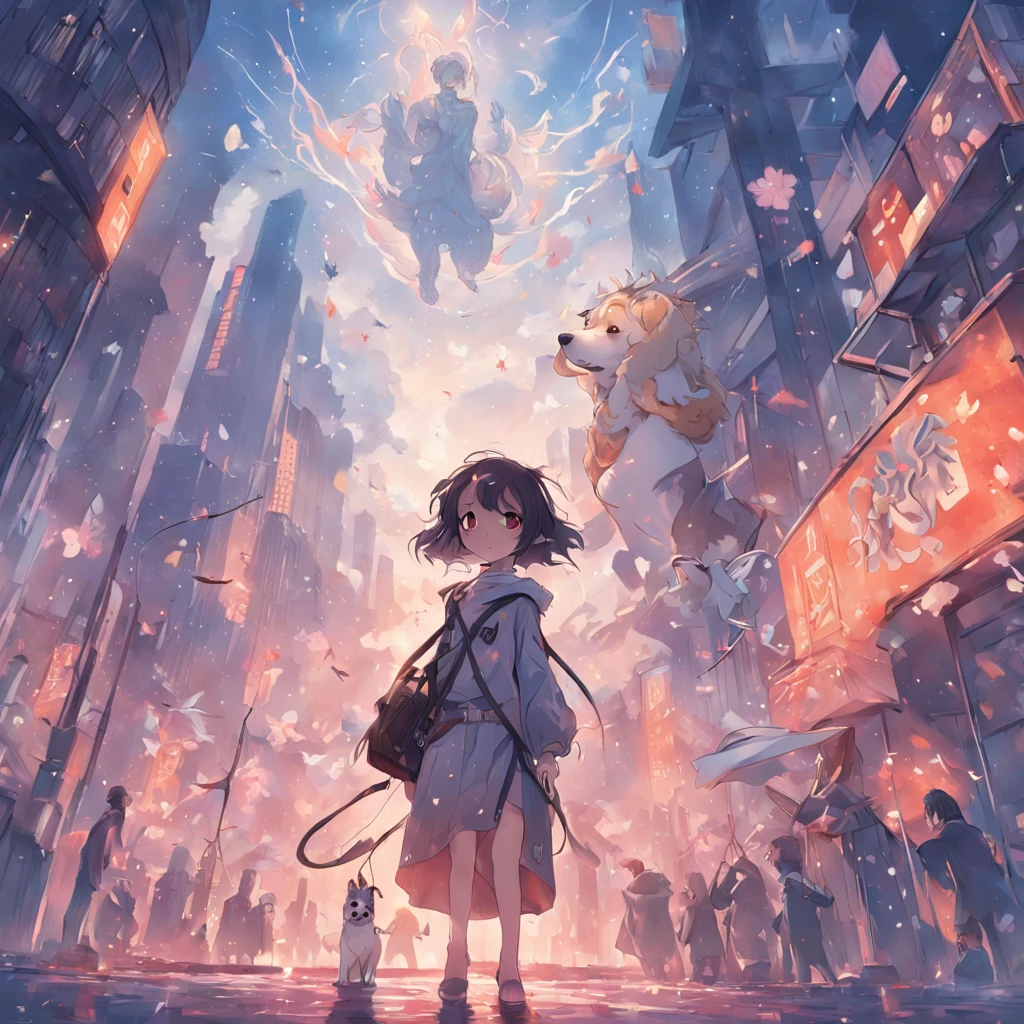 blassblauer Hintergrund,Blickwinkel von oben,The girl stood on the ground and grabbed the dog leash, die in den Himmel flog,Alles, was um die Stadt herum und mit ihr zu tun hat, falls into the sky,mit kurzen schwarzen Haaren,Brille tragen,Japanischer Matrosenanzug