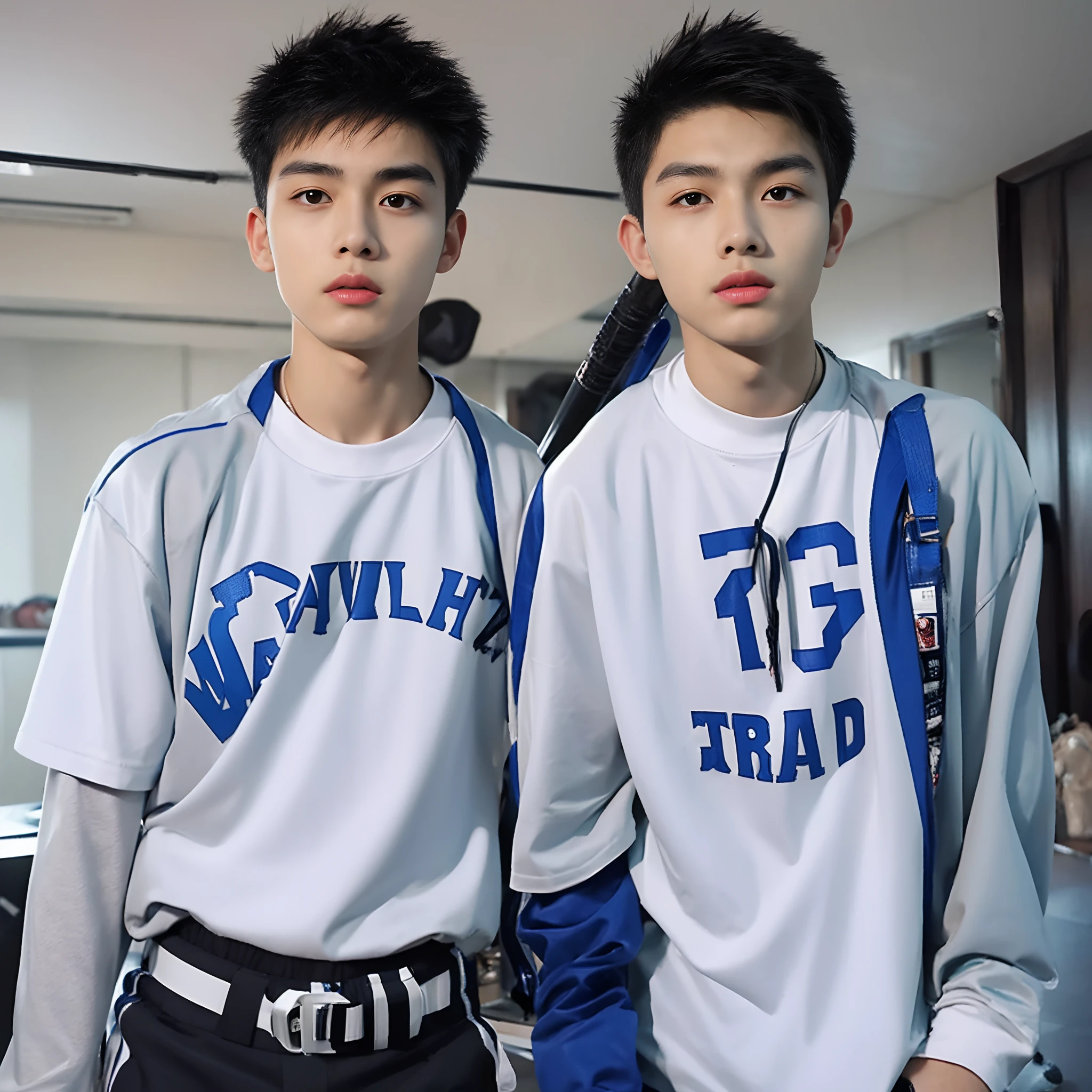 An 18-year-old boy from China，Wear PVC sportswear，With a baseball bat