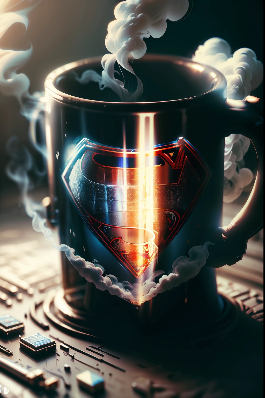 A Mug design with superman costume, surrounding magic smoke,ultra stable, front view,real mug, realistic,full view