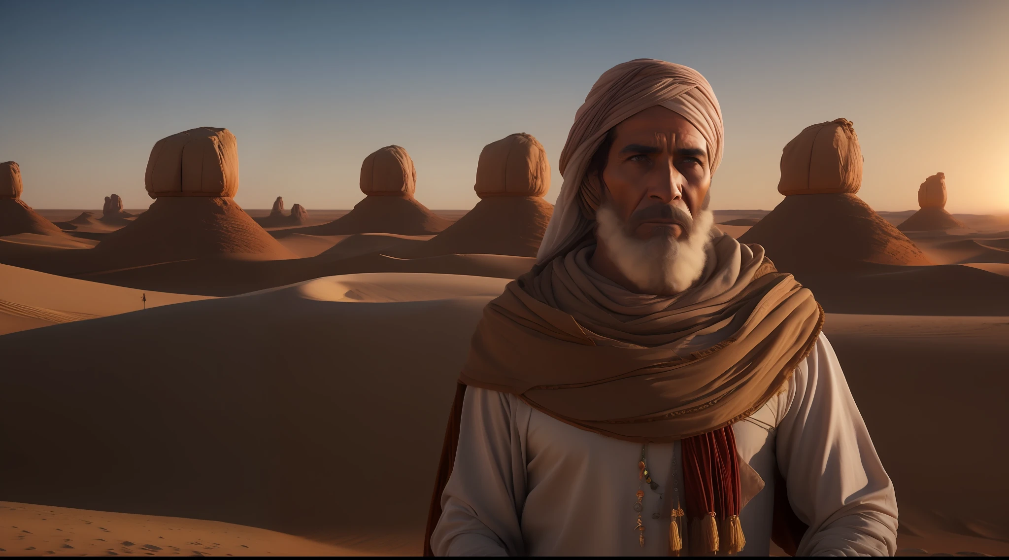 Homem de Arafed no deserto com paisagem do deserto e rochas no fundo, Filme ainda de Duna 2020, portrait of bedouin d&d, 8 k filme ainda, estilo fantasia 8 k octane render, foto de retrato de pintura fosca, cena de Duna 2 0 2 1 filme, filme ainda 8K, renderizado no Unreal Engine 5, Biblical Prophet, no deserto do sinai, wise look, has no buttons on the tunic