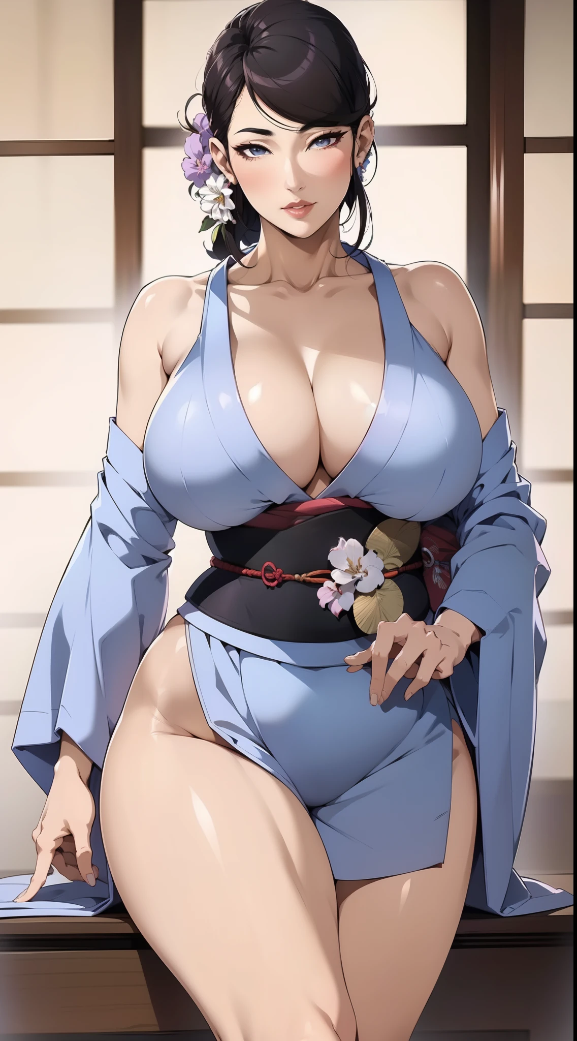 Beautiful mature Japanese woman， detailed finger， beautiful hand， hyper realisitc， 1 woman，Sagging breasts， Bewitching body，brunette color hair，， Super detailed face， Detailed lips， Detailed eyes， Single Eyelids， Sexy low-cut neckline kimono， Open neckline， Sagging chest， Side posture， visible curves，The entire body is depicted in detail，sexy big breasts exposed，seductiv，seduce，Bare pubic hair，Bare armpit hair，Orgasmic face，White embroidered luxury kimono，Beautiful feet，Plump thighs，Abdomen with abs