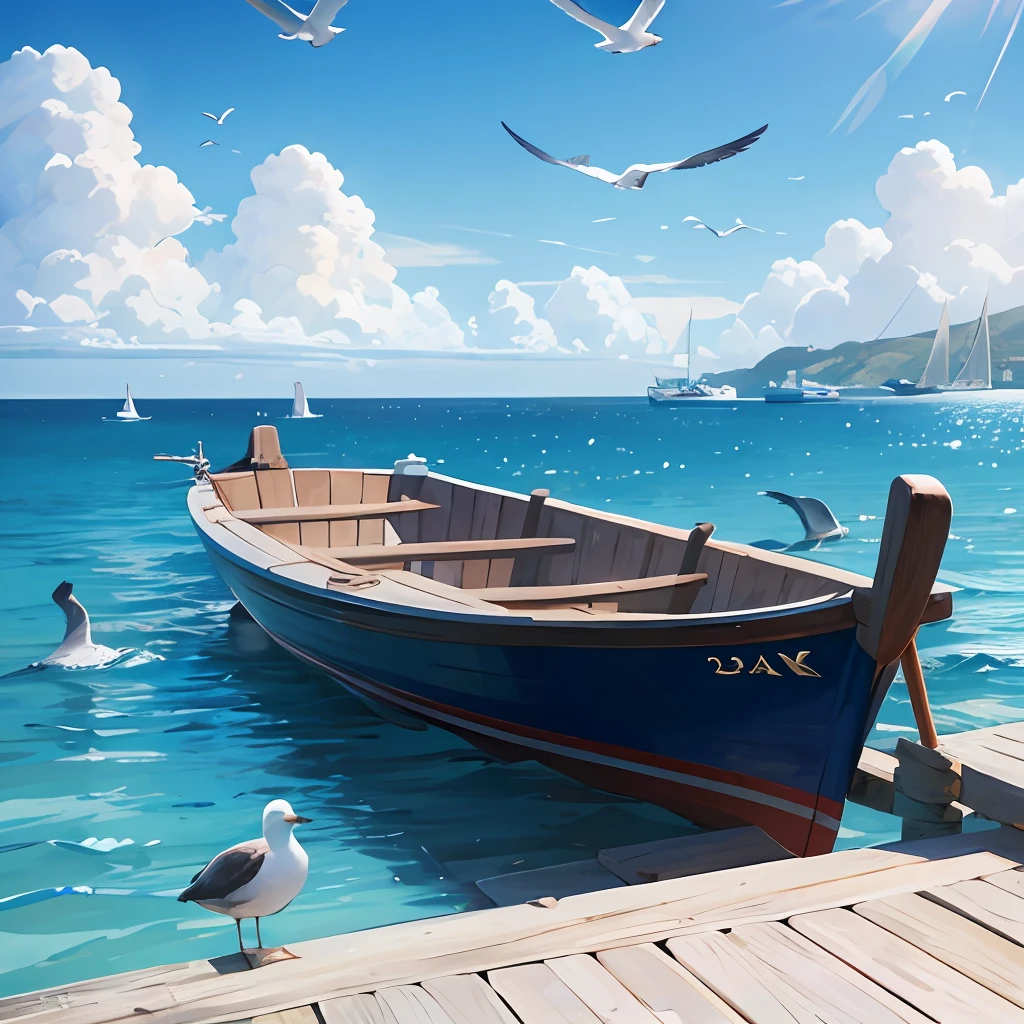 On the blue sea,Old rower's back,The color of the sky is bright,Seagulls flew in the sky
