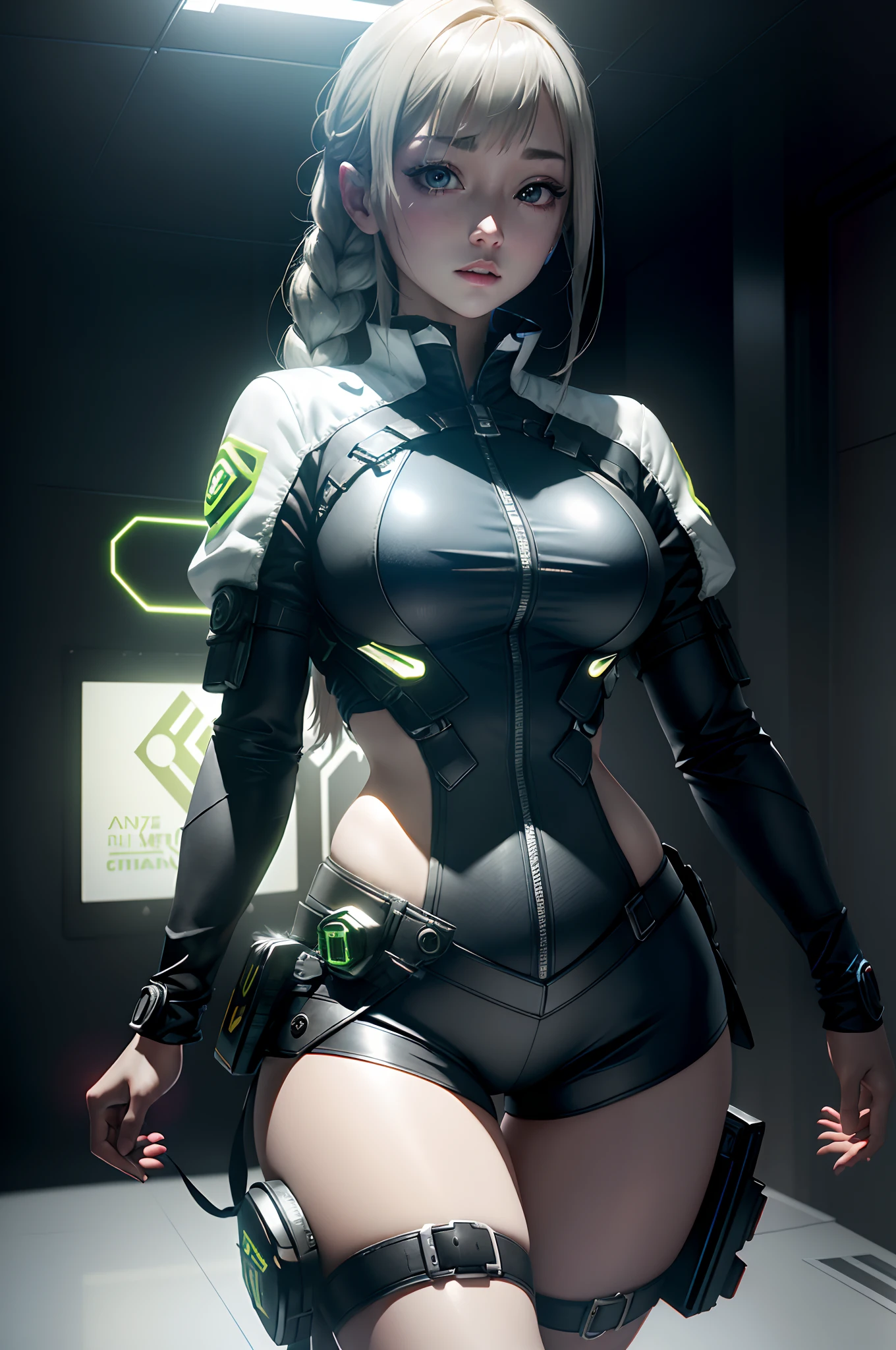 ((best qualtiy)), ((tmasterpiece)), (the detail:1.4), 3D, A beautiful cyberpunk female image,hdr(HighDynamicRange),Ray traching,NVIDIA RTX,Hyper-Resolution,Unreal 5,Subsurface scattering、PBR Texture、post-proces、Anisotropy Filtering、depth of fields、maximum definition and sharpness、Many-Layer Textures、Albedo e mapas Speculares、Surface coloring、Accurate simulation of light-material interactions、perfectly proportions、rendering by octane、Two-colored light、largeaperture、Low ISO、White balance、the rule of thirds、8K raw data、Raised translucent top, smaller top, smaller white lace shorts, raised