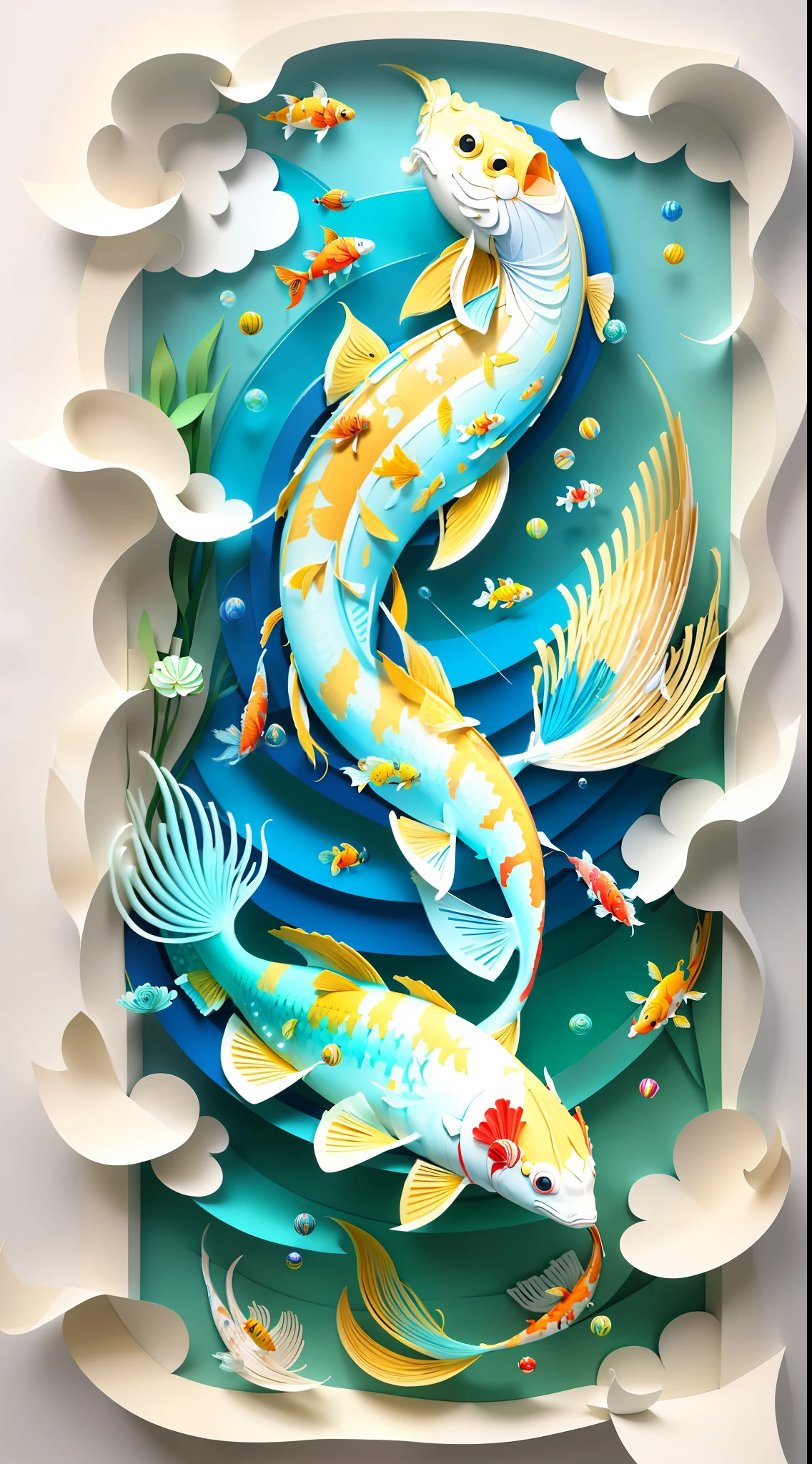 best qualityer,Two koi fish float in the sky,There are white clouds all around,Clear details,multi dimensional paper quilling,Created by artists such as Georgia O'Keefe or Christo and Jeanne-Claude