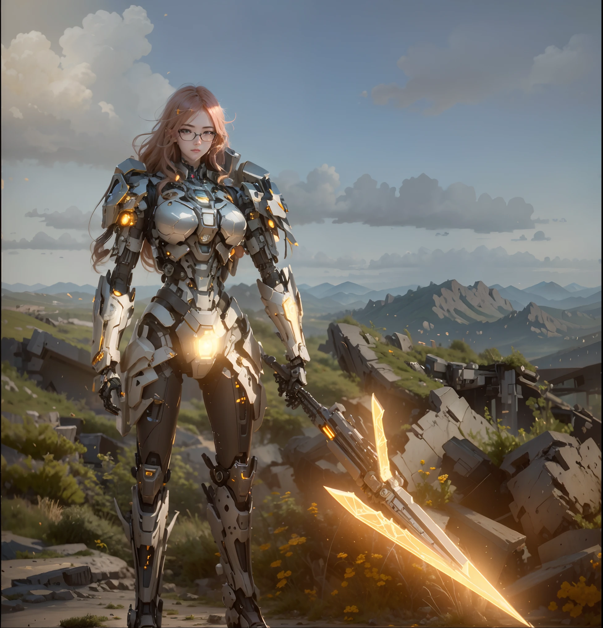 ((Best Quality)), ((Masterpiece)), (Very Detailed:1.3), 3D, Shitu-mecha, Beautiful cyberpunk woman with her pink mech in the ruins of a city in the forgotten war, Ancient technology, HDR (High Dynamic Range), ray tracing, NVIDIA RTX, super resolution, unreal 5, subsurface scattering, PBR texture, post-processing, anisotropic filtering, depth of field, maximum sharpness and sharpness, multi-layer texture, albedo and highlight maps, surface shading, Accurate simulation of light-material interactions, perfect proportions, octane rendering, duotone lighting, low ISO, white balance, rule of thirds, wide aperture, 8K RAW, efficient sub-pixels, subpixel convolution, luminescent particles, light scattering, Tyndall effect, wearing black glasses, right hand holding energy sword,long orange hair, glowing halo on top of head