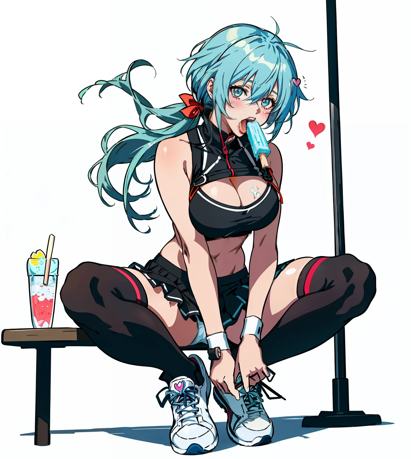 Anime girl sitting on table, beautiful anime girl crouching, Biomechanical OPPAI, Sexy pudica pose gesture, seductive anime girls, with index finger, the anime girl is crouching, an oppai cyberpunk, hajime yatate, rogue anime girl ayanami rei, ryuko matoi, sexyposture, konachan,Exhale the mist,open open mouth,Stick out your tongue mermaid line,musculature,Ambiguous eyes,High-fork panties,Be red in the face,huge tit,over knee socks,Excitation,open open mouth,Stick out her tongue, dropping saliva,White popsicles,Melted popsicles,Hair tied up,Long tongue,Single horsetail,The melted popsicle falls on the chest,Excitation,Place your hands on your chest,Plenty of liquid,White liquid,Floating popsicles,Suck on popsicles,love heart,Throw a wink,looking at viewert,Gentle licking