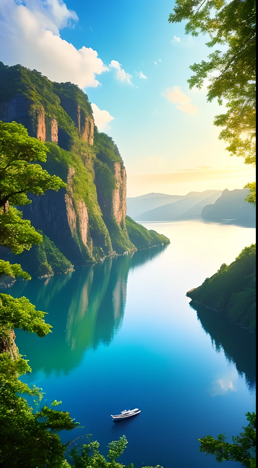 Masterpiece, ultimate quality, Cg unity 8k wallpaper, super delicate, beautiful sky and clouds, rich natural scenery, cliffs, lakes and rivers, waterfalls and flying water, beautiful green mountains, no trace of people, excellent scenery, has already won a photo contest, background Blurring, full depth of field, HDR high dynamics, true restoration, intricate, extreme details, dramatic presentation, perfectly presenting the style of midjourney art.