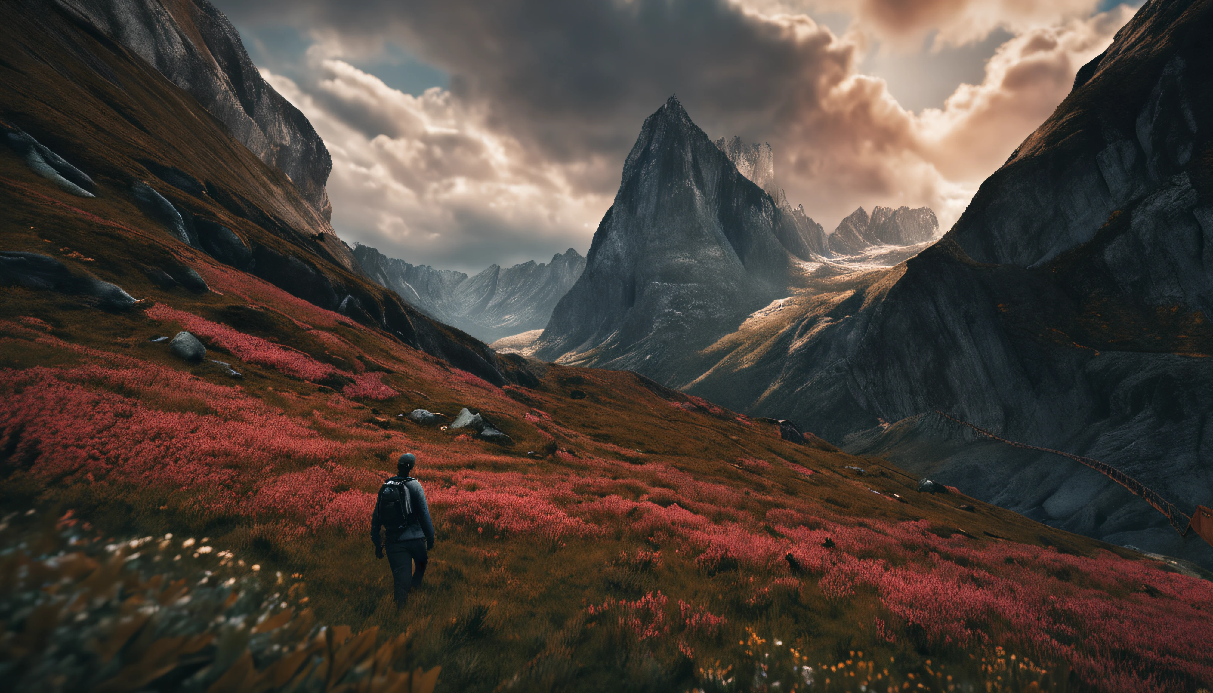 (Dark magic:1.2), (Grim:1.1) forest, A man stands in the Alps, (Intricate details), (ultra - detailed), 8k hdr, high detal, A lot of detail, High quality,Dingdall effect (Colored:1.3)