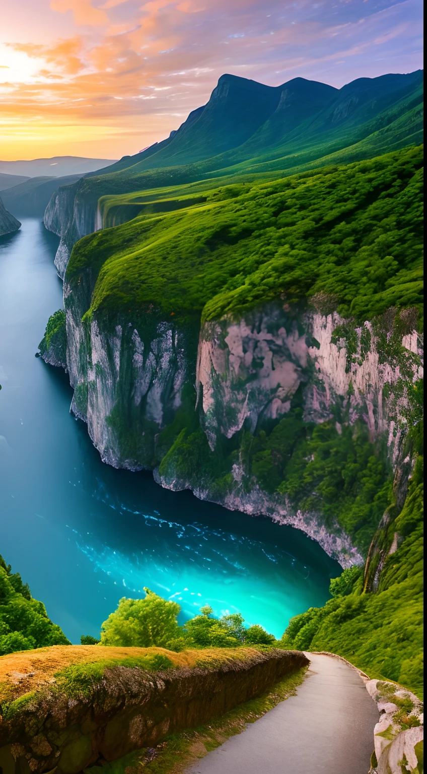 Masterpiece, ultimate quality, Cg unity 8k wallpaper, super delicate, beautiful sky and clouds, rich natural scenery, cliffs, lakes and rivers, waterfalls and flying water, beautiful green mountains, no trace of people, excellent scenery, has already won a photo contest, background Blurring, full depth of field, HDR high dynamics, true restoration, intricate, extreme details, dramatic presentation, perfectly presenting the style of midjourney art.