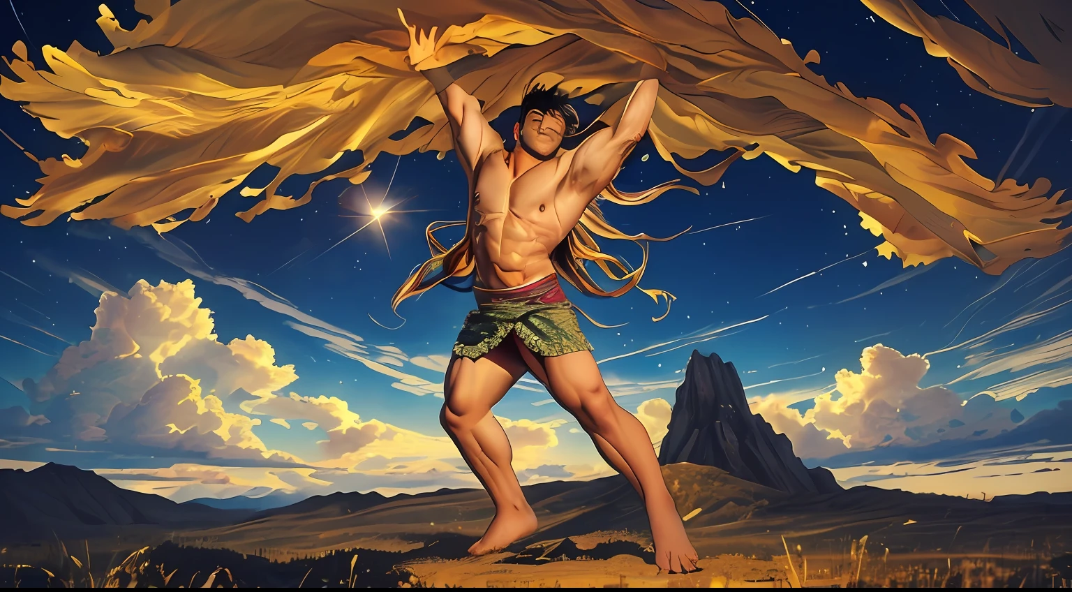 Best quality at best,tmasterpiece,A high resolution,of a guy,The face is the image of China,The face is resolute and handsome,der riese,arms stretched wide,Ascension to heaven,Step on the ground with your legs open,Expression is powerful,Look up at 45 degrees,Naked upper body,Muscles are strong,Wearing a pants skirt made of leaves,The sky is blue,dark stormy clouds,The sun shines through dark clouds,Shine on the face of a giant,The earth is dry and cracked。 Muscular body, Majestic