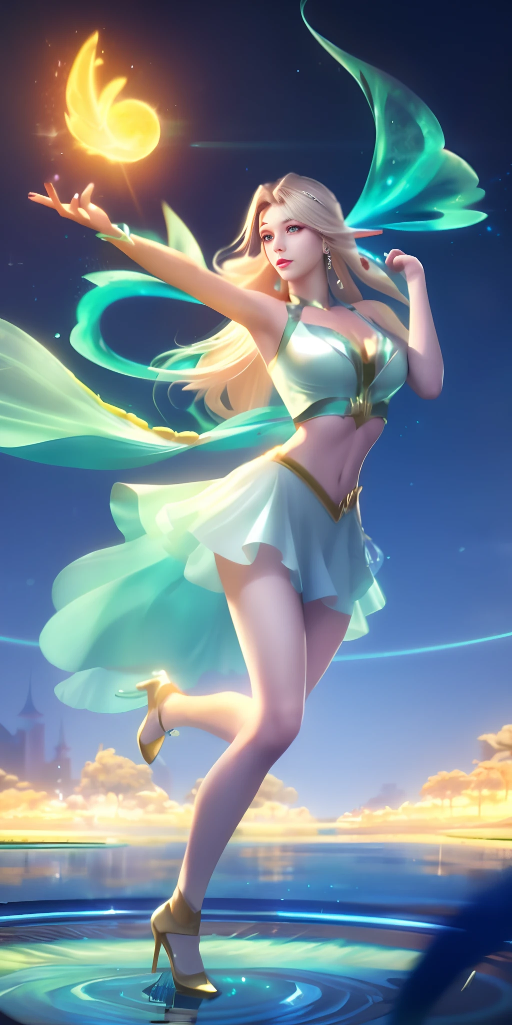 1 beautiful girl,best qualtiy,top Quority,1080p (Realistic:1.3) (fully body photo:1.3), standing photo, Stand in front of the blue lake, White transparent net, Soft and transparent dress, blond hairbl, Blue eyes, Wavy hair, Masterpiece, diffused soft lighting, (Leaky milk 1.2),Best quality (Perfect face:1.4), (Ultra-realistic eyes1.2) ,highly detailed, Complex and realistic simulation style photos, Cinematic lighting, studio shoot, Elegant Pose