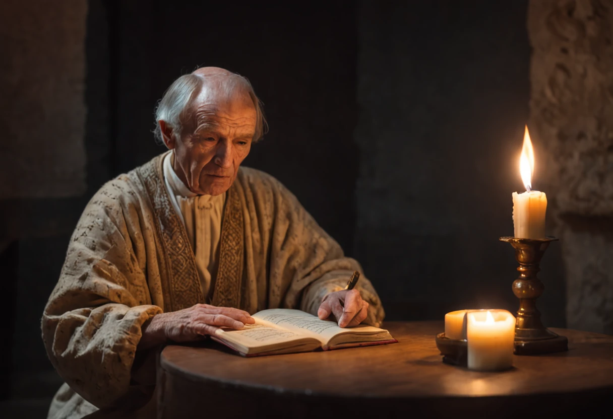 a night scene with Seneca sitting at the table, lit by a single candle. He is immersed in his writings, with a concentrated expression, enquanto o rei se aproxima, eager for guidance. The dancing shadows of the flames cast mysterious patterns on the walls, in harmony with the depth of Seneca's words.