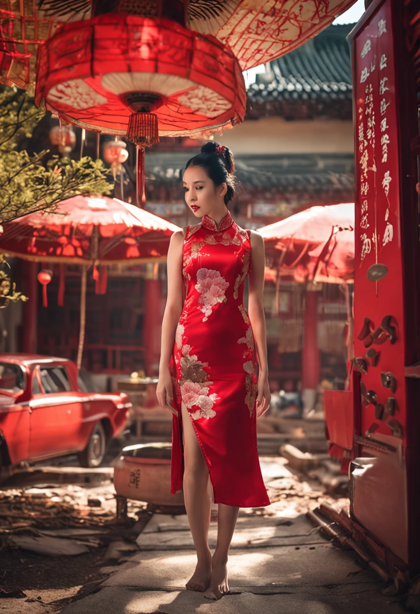oriental girl,pool,Red cheongsam swimsuit