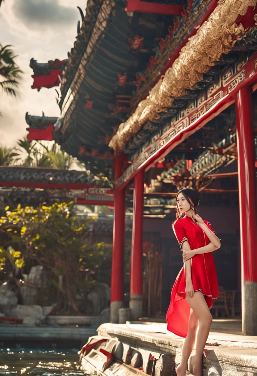 oriental girl，pool，Red cheongsam swimsuit