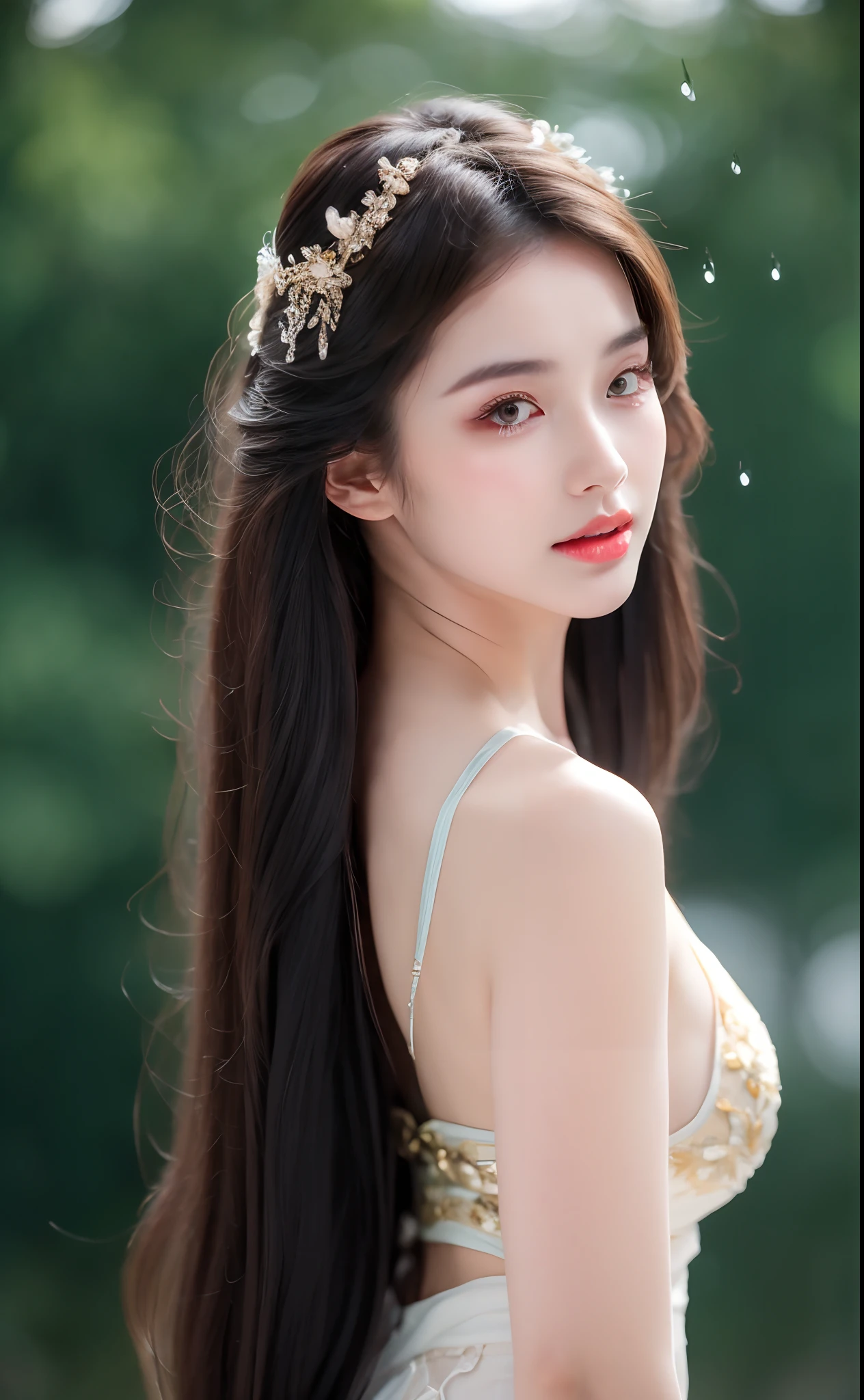 ((Best Quality, 8k, Masterpiece: 1.3)), Focus: 1.2, Perfect Body Beauty: 1.4, Buttocks: 1.2, ((Layered Haircut)), (Wet Clothes: 1.1), (Rain, Street:1.3), (Breasts: 1.2), (Hanfu: 1.2), Bare Shoulders, Bare Legs, Highly Detailed Face and Skin Texture, Fine Eyes, Double Eyelids, Whitened Skin, Long Hair, (Shut Up: 1.5), (Bokeh Background: 1.5), Big Breasts