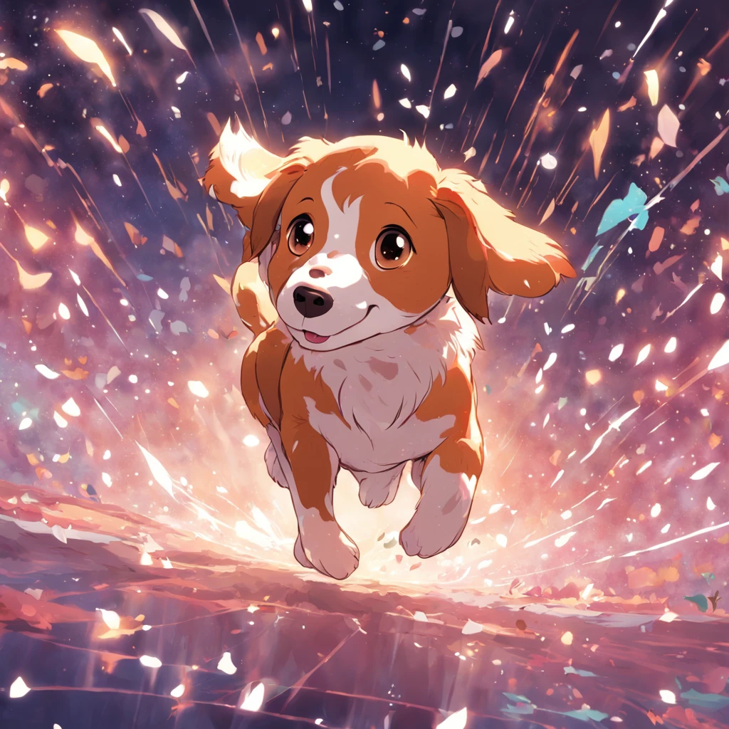 a brown puppy with white spots running after a glittering ball, desenho, livro infantil