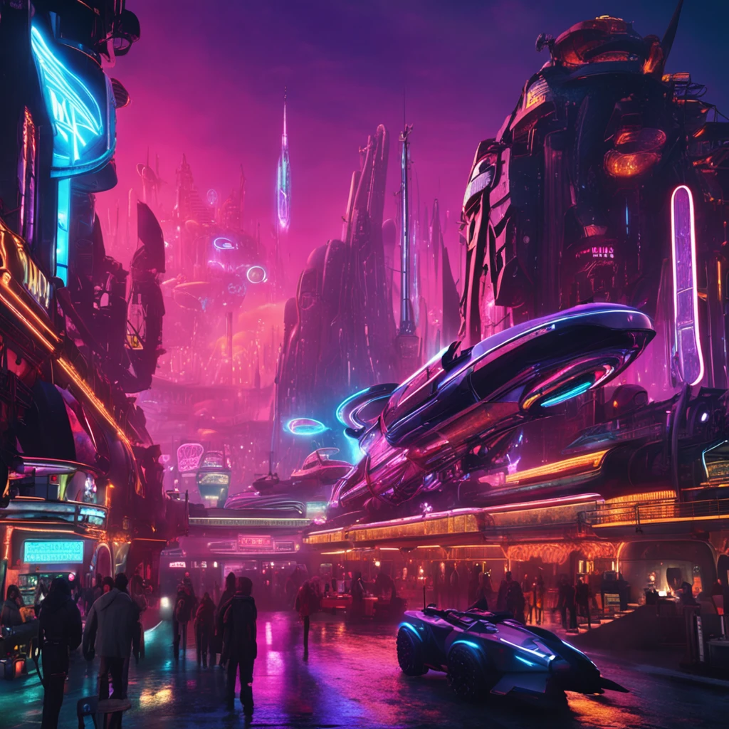spectacular cinematic movie shot of festive colorful futuristic Mass Effect Blade Runner NeoTokyo Town Square, ornate Submarine style architecture, colorful city lights, neon signs, Airship in the sky above, futuristic steampunk shops restaurants, factory, bridge, futuristic steampunk transportation structures, intricate detail , busy, imaginative, 4k, rich colors, bright neon signs and billboards, trippy, photorealistic pulp art, realistic lighting and shading