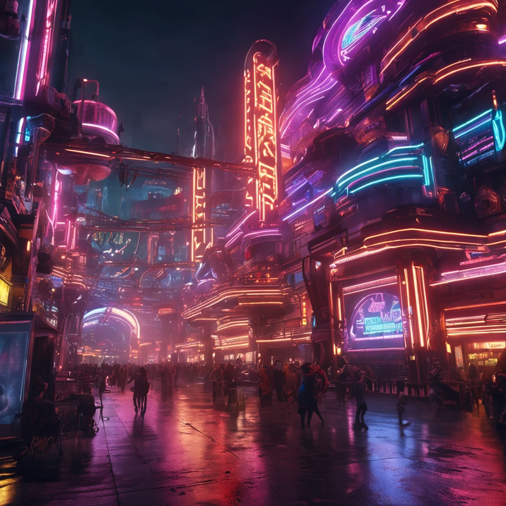spectacular cinematic movie shot of festive colorful futuristic Mass Effect Blade Runner NeoTokyo Town Square, ornate Submarine style architecture, colorful city lights, neon signs, Airship in the sky above, futuristic steampunk shops restaurants, factory, bridge, futuristic steampunk transportation structures, intricate detail , busy, imaginative, 4k, rich colors, bright neon signs and billboards, trippy, photorealistic pulp art, realistic lighting and shading