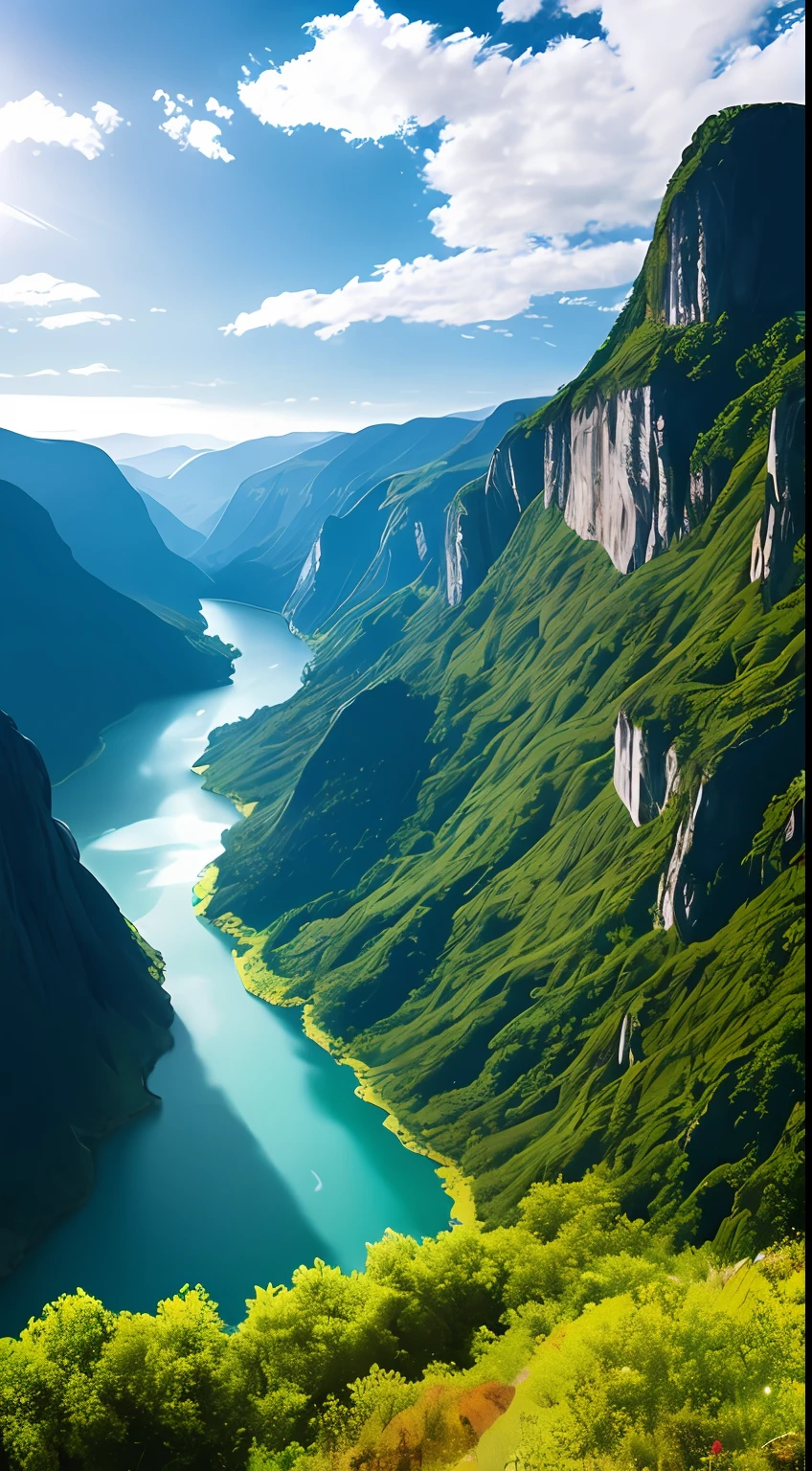 Masterpiece, ultimate quality, Cg unity 8k wallpaper, super delicate, beautiful sky and clouds, rich natural scenery, cliffs, lakes and rivers, waterfalls and flying water, beautiful green mountains, no trace of people, excellent scenery, has already won a photo contest, background Blurring, full depth of field, HDR high dynamics, true restoration, intricate, extreme details, dramatic presentation, perfectly presenting the style of midjourney art.