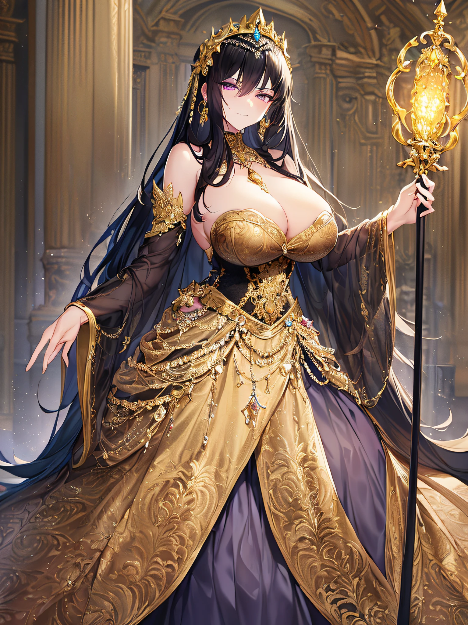 ((anime artstyle)),(Masterpiece),(Best Quality),(Super Detail),(Very Delicate and Beautiful),Solo,((full body)),((BlingBling)),((1 arrogant princess in beautiful embroidery black and gold gorgeous rococo ballgown with  voluminous full length hoop skirt)),((crinoline)),gorgeousfull embroidery,Long train((arrogant,haughty)),(((arrogant smile))),Sharp eyes,(holding a luxurious scepter),(gorgeous gemstone jewelry),detailed face and eyes,jewel-like eyes,Purple eyes,(Bangs between eyes),((large amount of straight hair,extremely Long voluminous black Hair)),((gigantic tits,Long tits)),gorgeousfull embroidery,cleavage,extremely gorgeousfull hair ornament,(bling-bling extremely gorgeousfull jeweled tiara),gorgeous corsage,(Dynamic Angle),Looking at viewer,((full body)),((beautiful embroidery and glitter jeweled black and gold gorgeous rococo ballgown with voluminous full length hoop skirt))