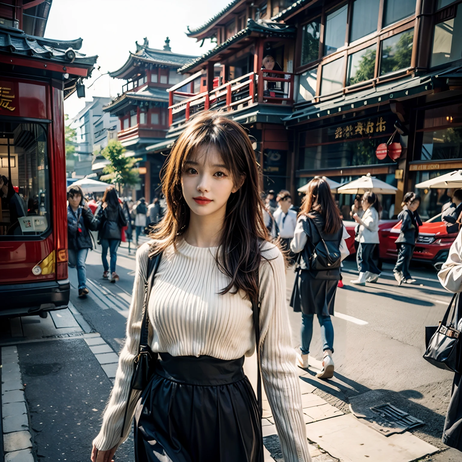 ((Top quality, 8K, Masterpiece: 1.3, Photorealistic)), Street photography beauty，Chengdu, China，brunette color hair，long  skirt，walk，Raised sexy