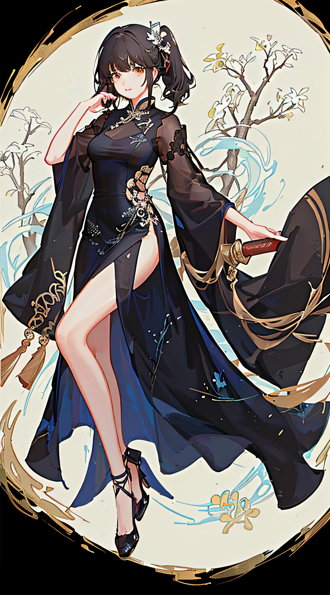 girl,full body,(detailed face:1.2), masterpiece, fashion,chinese dress,, medium hair, black hair, twintails, blunt bangs, brown eyes,