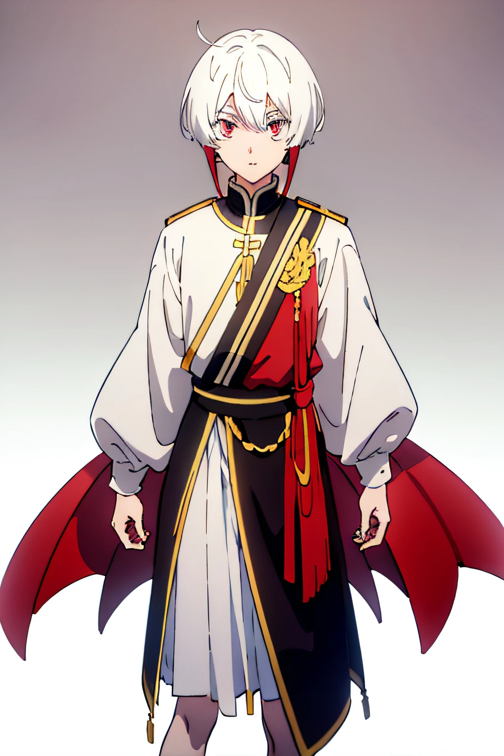 short white-hair、Red-eyed man、hightquality、Looking at the camera、full body Esbian、Simple background、(White background)、(arms at the sides)、独奏、(erect through)、VTuber