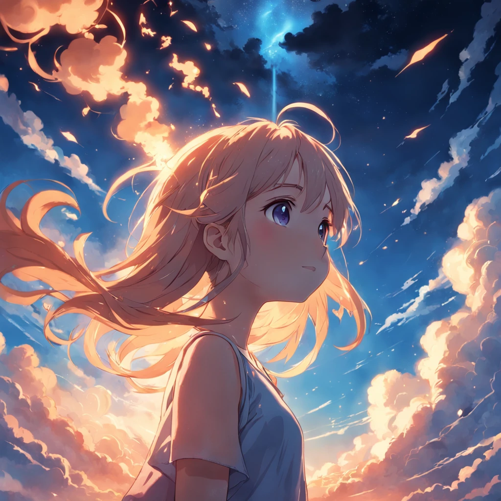 masterpiece, best quality, movie still, 1girl, cloud girl, floating in the sky, close-up, bright, happy, warm soft lighting, sunset, (sparks:0.7)
