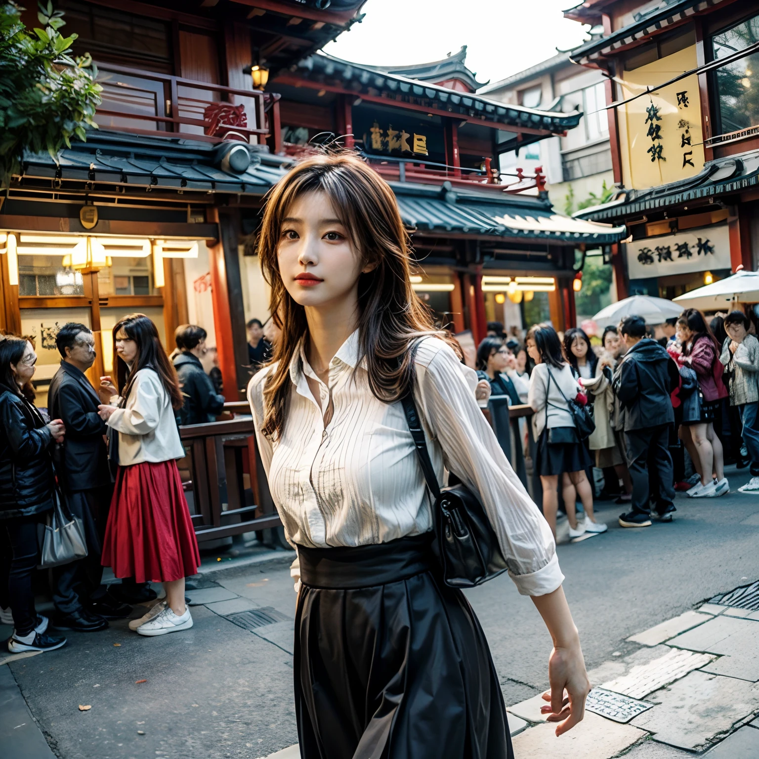 ((Top quality, 8K, Masterpiece: 1.3, Photorealistic)), Street photography beauty，Chengdu, China，brunette color hair，long  skirt，walk，Raised sexy