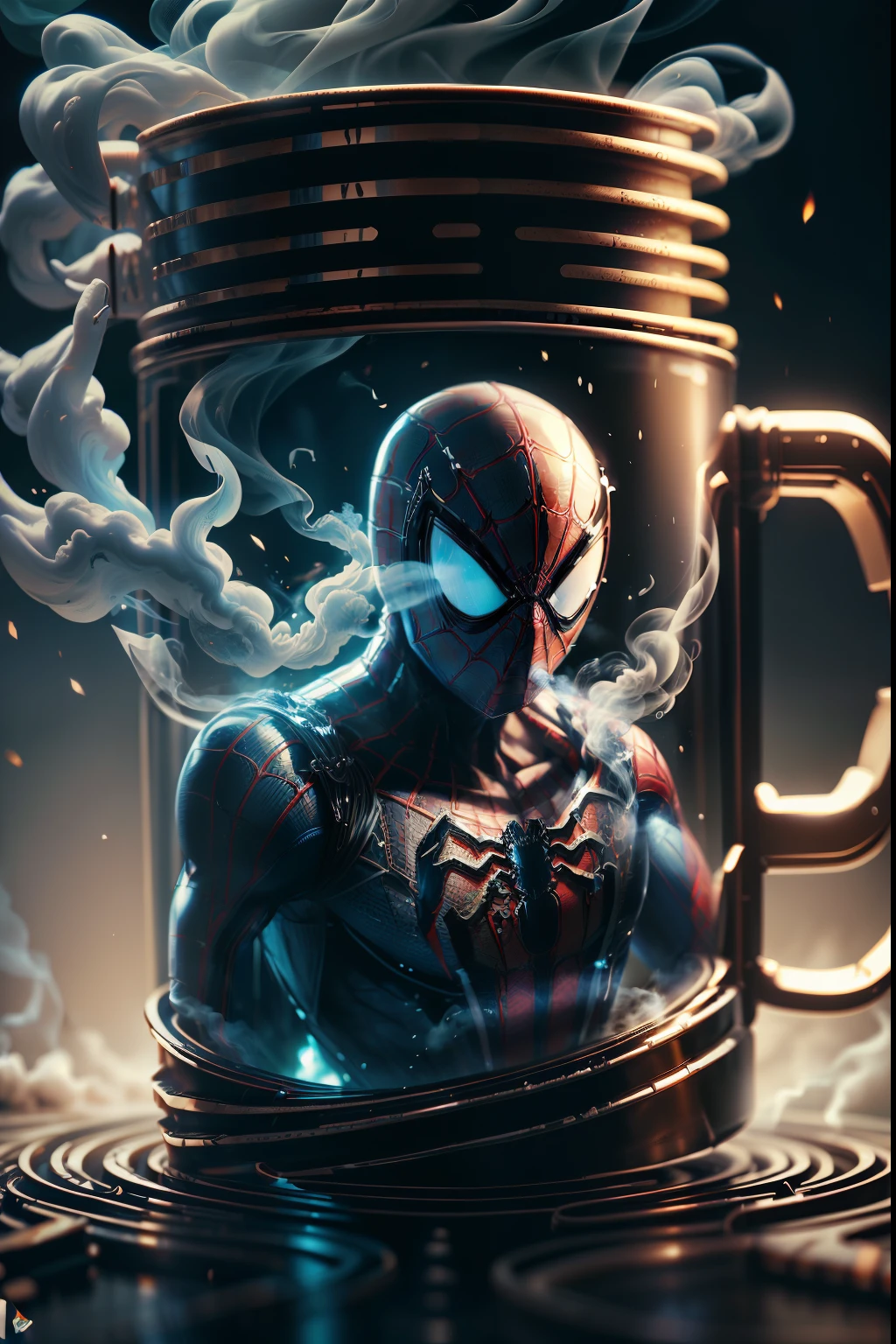 A Mug design with spiderman costume, surrounding magic smoke,ultra stable, front view,real mug, realistic,full view