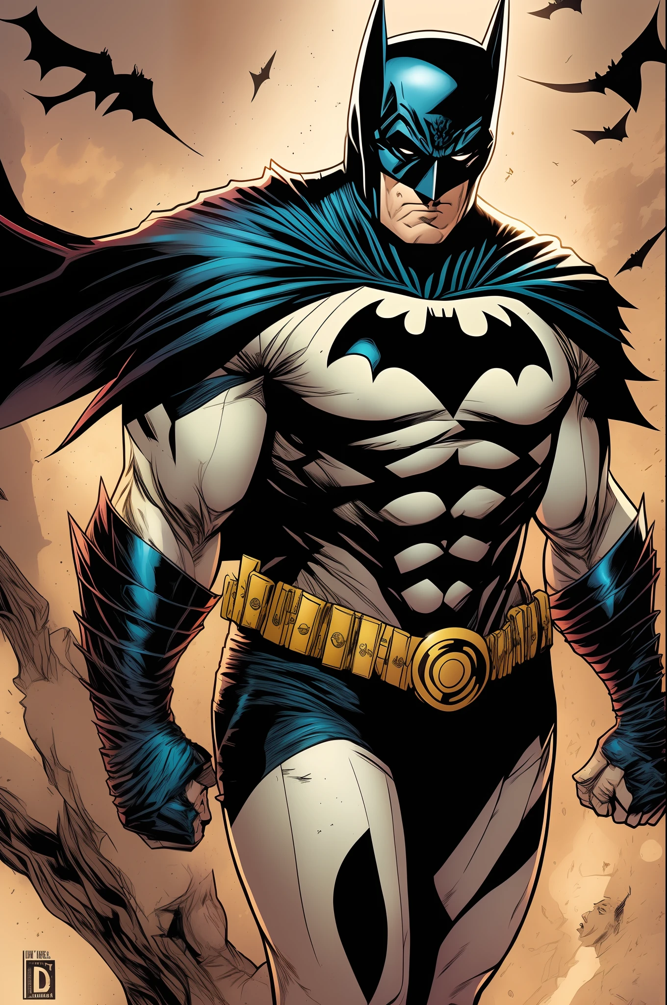Batman, from front, super fine, lower body shot, middle-aged man, hunk, looking down and mouth wide open with shocked face, Batman's crotch get pinched by many tongs, Batman's crotch squeezed by many tongs,