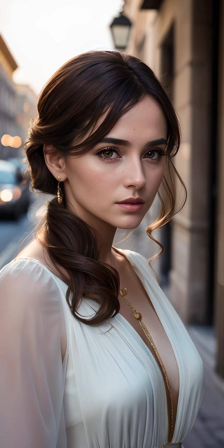 beautiful brown haired young woman, in light, elegant clothes, wearing a jabot, in the street of Rome, ((slim, petite)), photo modell, photorealistic, photo, masterpiece, realistic, realism, photorealism, high contrast, photorealistic digital art trending on Artstation 8k HD high definition detailed realistic, detailed, skin texture, hyper detailed, realistic skin texture, armature, best quality, ultra high res, (photorealistic:1.4),, high resolution, detailed, raw photo, sharp re, by lee jeffries nikon d850 film stock photograph 4 kodak portra 400 camera f1.6 lens rich colors hyper realistic lifelike texture dramatic lighting unrealengine trending on artstation cinestill 800,