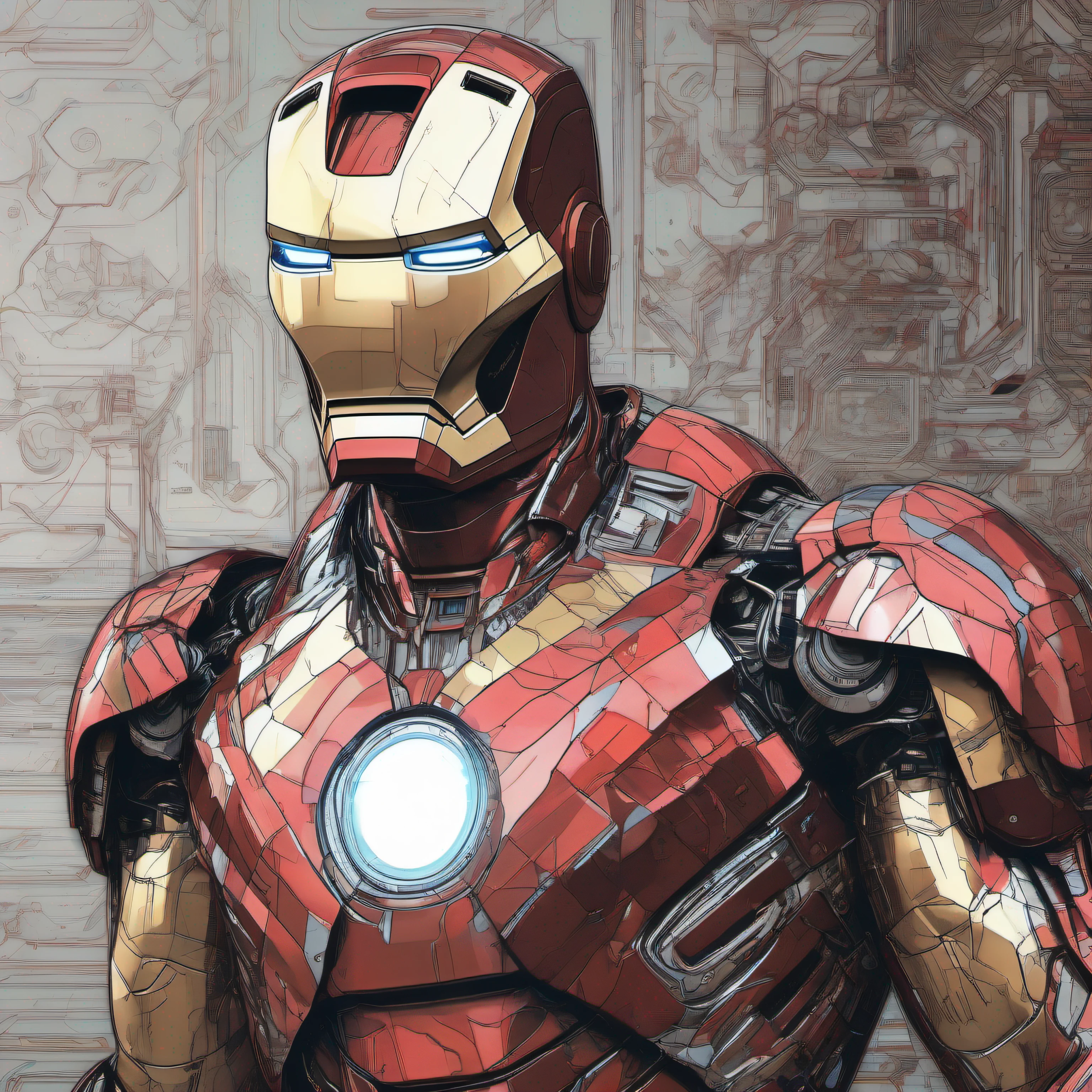 A highly detailed 4K resolution drawing of Iron Man in the niji art style, composed entirely of visible pencil strokes, imperfect lines with human-like wavering, drawing technique reminiscent of Midjourney AI capabilities, intricate mechanical suit texture and paneling, dramatic pose, bright color palette, photograph, cinematic lighting, HDR tones, depth of field, --ar 16:9 --niji