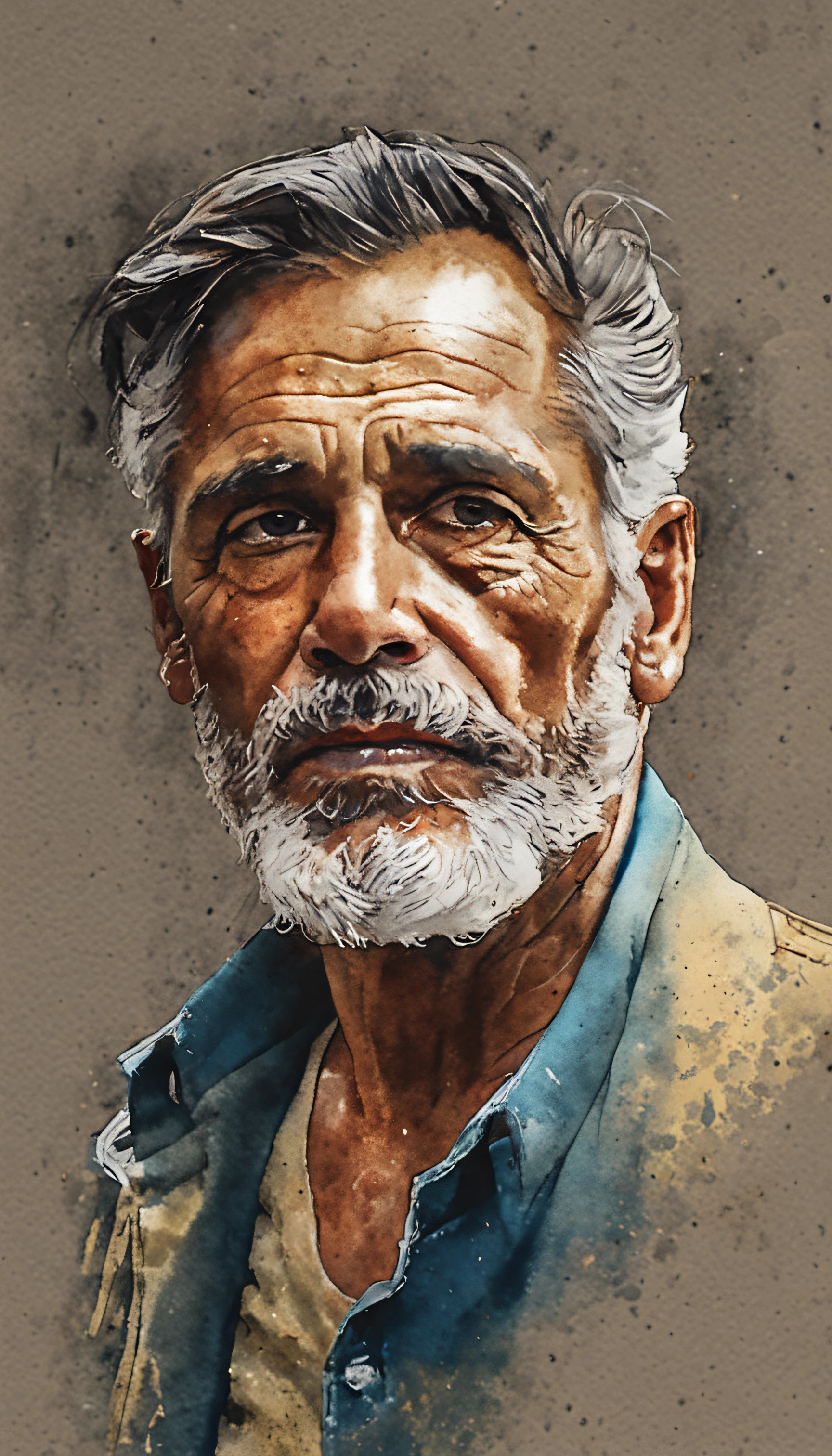 calma, pintura a tinta y acuarela, representando a un hombre con poca barba y cabello atado, mirada serena, Paz