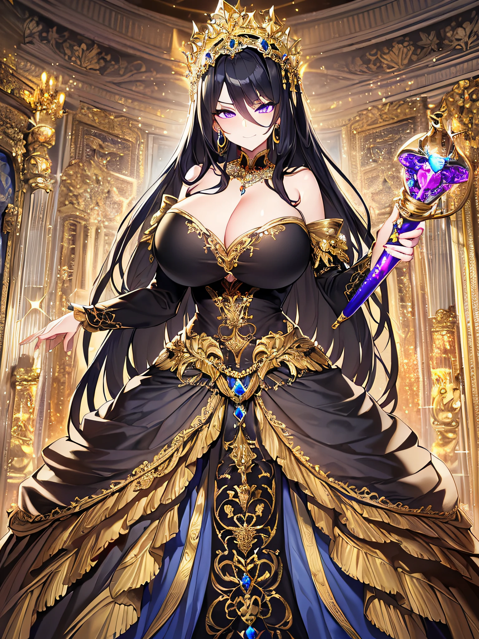 ((anime artstyle)),(Masterpiece),(Best Quality),(Super Detail),(Very Delicate and Beautiful),Solo,((full body)),((BlingBling)),((1 arrogant princess in beautiful embroidery black and gold gorgeous rococo ballgown with voluminous full length hoop skirt)),((crinoline)),gorgeousfull embroidery,Long train((arrogant,haughty)),(((arrogant smile))),Sharp eyes,(holding a luxurious scepter),(gorgeous gemstone jewelry),detailed face and eyes,jewel-like eyes,Purple eyes,(Bangs between eyes),((large amount of straight hair,extremely Long voluminous black Hair)),((gigantic tits,Long tits)),gorgeousfull embroidery,cleavage,extremely gorgeousfull hair ornament,(bling-bling extremely gorgeousfull jeweled tiara),gorgeous corsage,(Dynamic Angle),Looking at viewer,((full body)),((beautiful embroidery and glitter jeweled black and gold gorgeous rococo ballgown with voluminous full length hoop skirt))