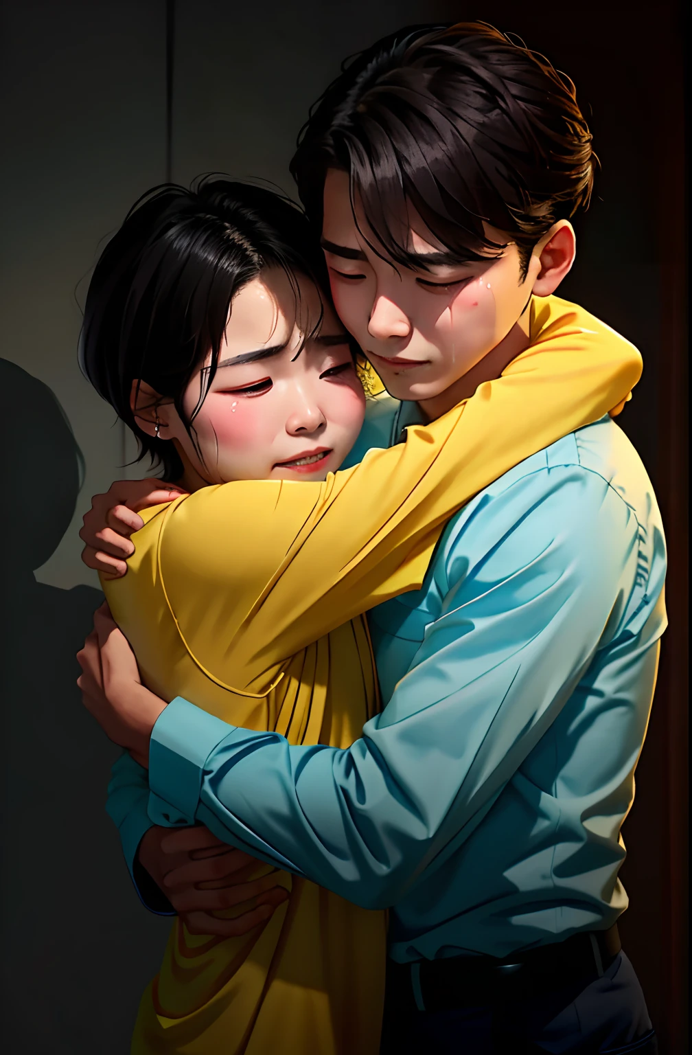 Boys hug，streaming tears，couple