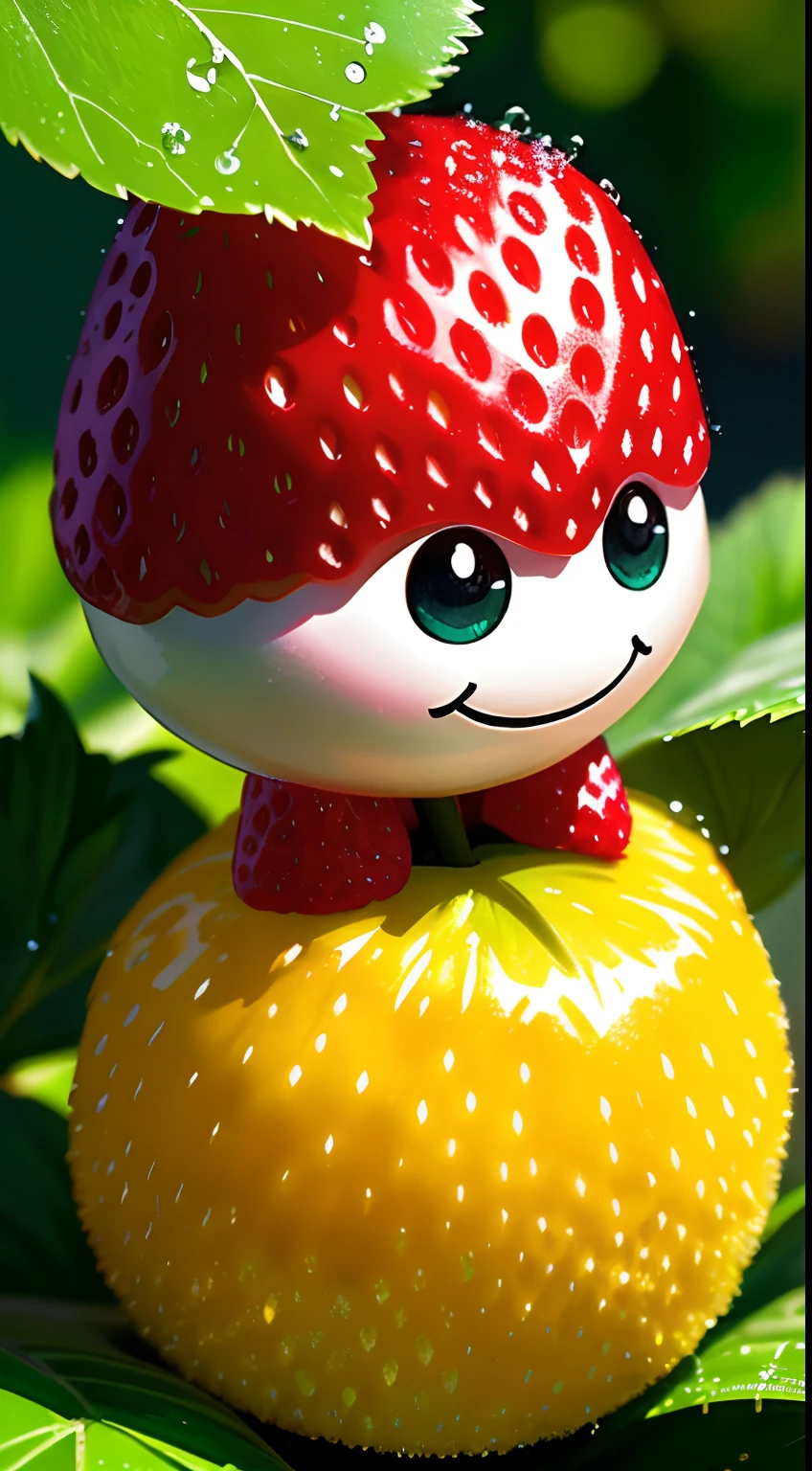 ((masterpiece:1.3,concept art,best quality)),very cute appealing anthropomorphic strawberry,looking at the viewer,big grin,happy,fruit,berry,droplets,macro,sunlight,fantasy art,dynamic composition,dramatic lighting,epic realistic,award winning illustration,