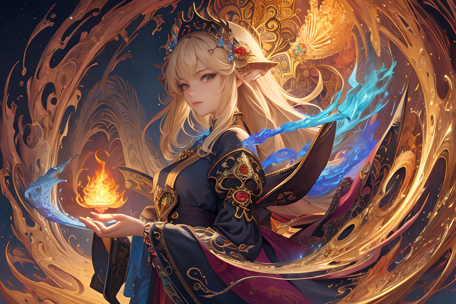 (​masterpiece、top-quality、top-quality、Official Art、Beautifully Aesthetic:1.2)、(1girl in)、ighly detailed、(Fractal Art:1.3)、colourfull、highestdetailed、sorcerer、cana、finely detail、Messenger of Fire、fire flame、extremely fine、Dragon Staff