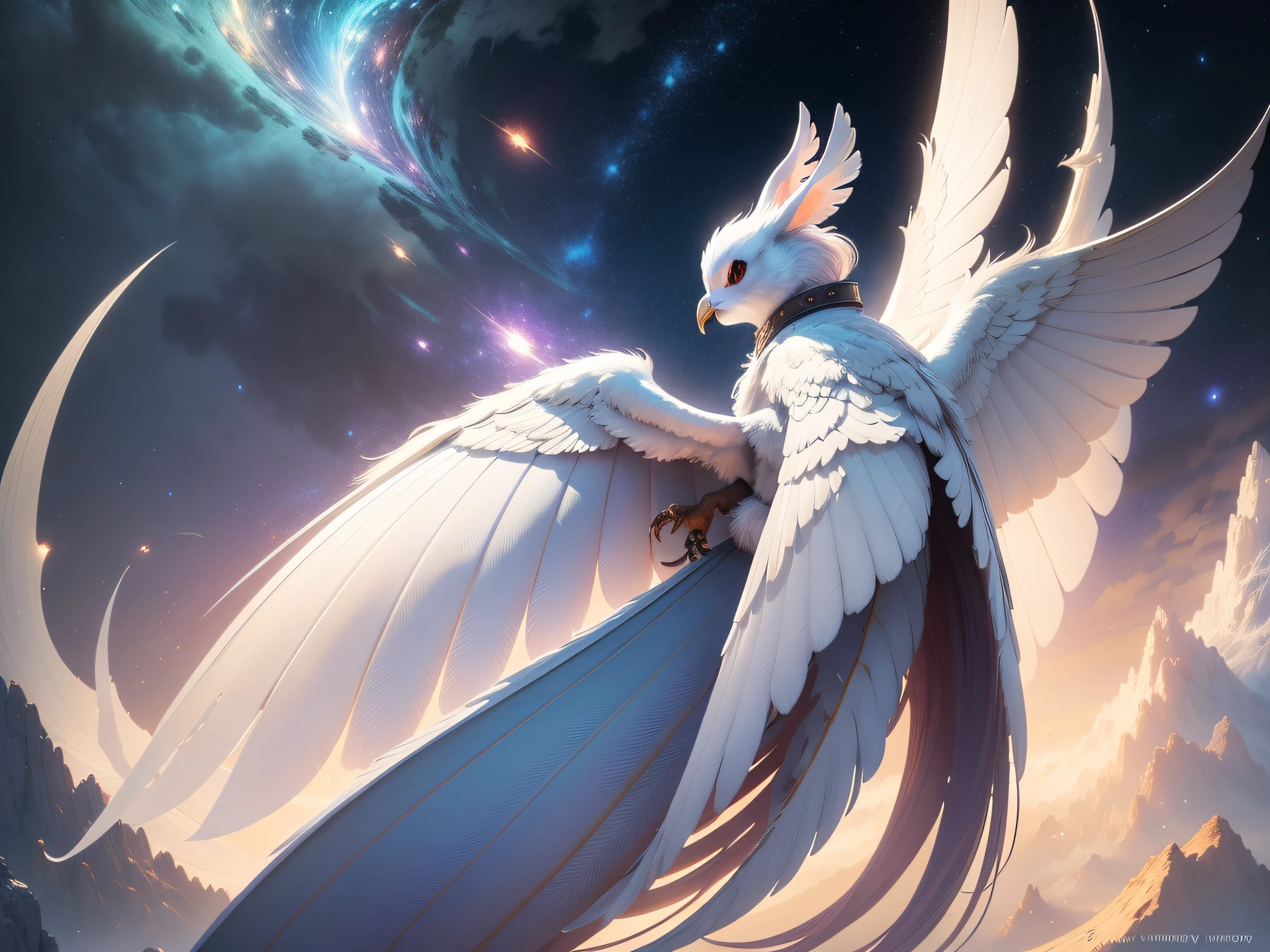 https://lexica.art/prompt/c57faafd-37d8-4f63-9f86-51ae7f0c9c5eBrown https://www.birdspot.co.uk/wp-content/uploads/2022/06/white-dove.jpg https://www.innovationnewsnetwork.com/wp-content/uploads/2021/02/Primordial-galaxy-696x392.jpg flying dwarf bunny rabbit with wings white nose as a fantasy art by Donato Giancola and James Gurney, digital art, trending on artstation, forest background, galaxy sky