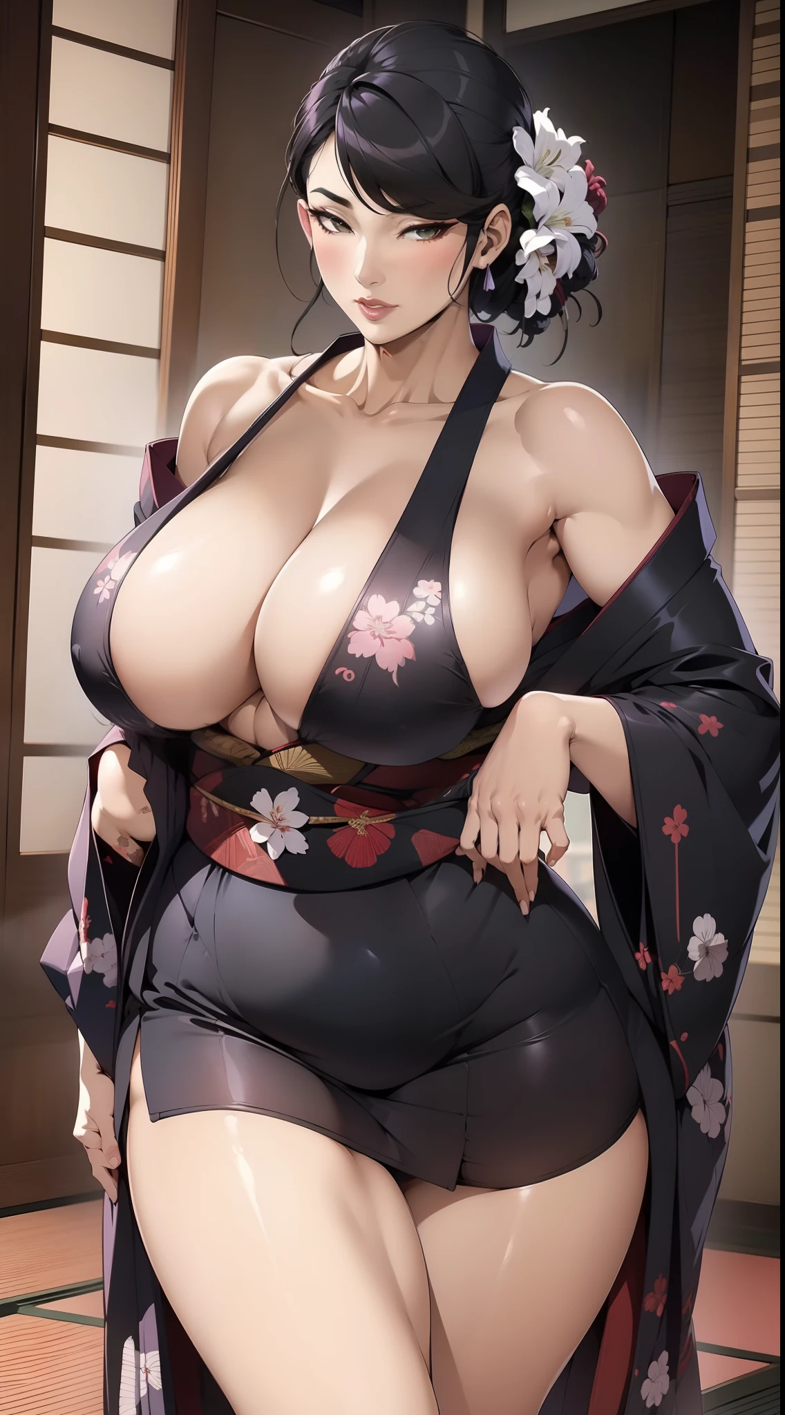 Kimono with neckline, Open neckline, Sagging chest, Side posture, visible curves,The entire body is depicted in detail,sexy big breasts exposed,seductiv,seduce,Bare pubic hair,Bare armpit hair,Orgasmic face,Black embroidered luxury kimono,Beautiful feet,Plump thighs,Abdomen with abs